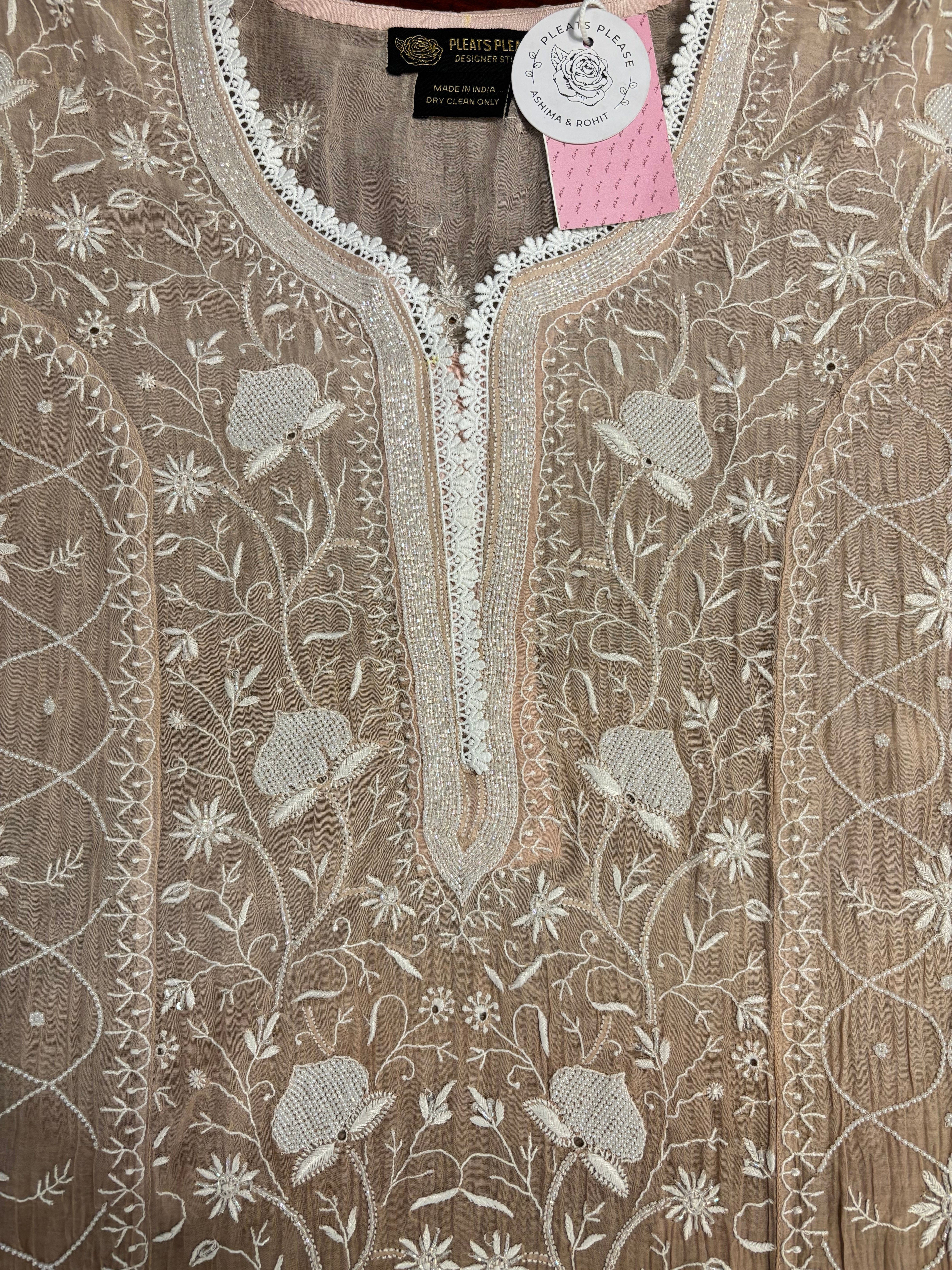 Mocha Brown Ombré Chanderi Mul Chikankari Kurta & Dupatta With Bottom