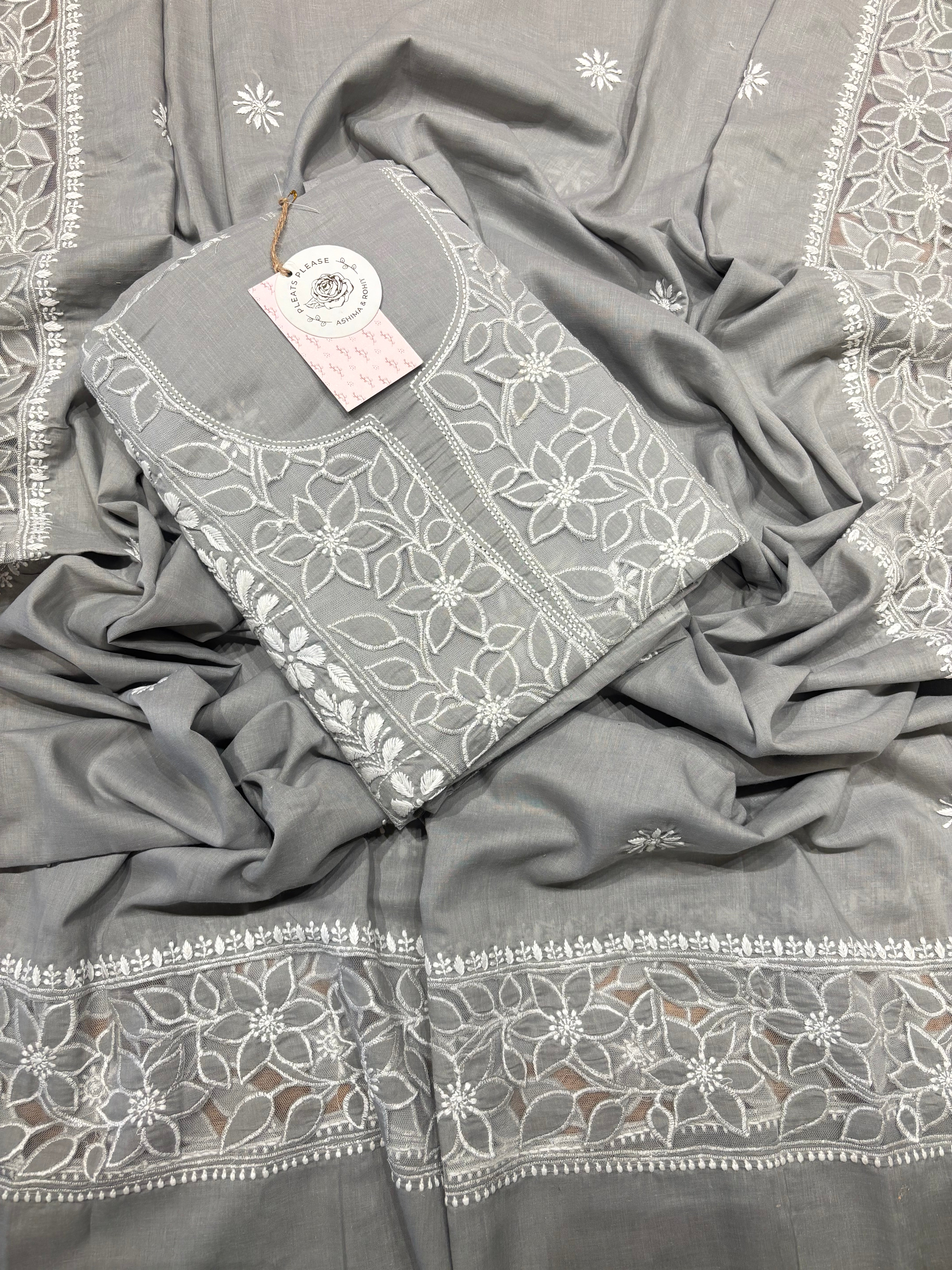 Gray Mul Soft Net Applique Chikankari Kurta and Dupatta Fabric