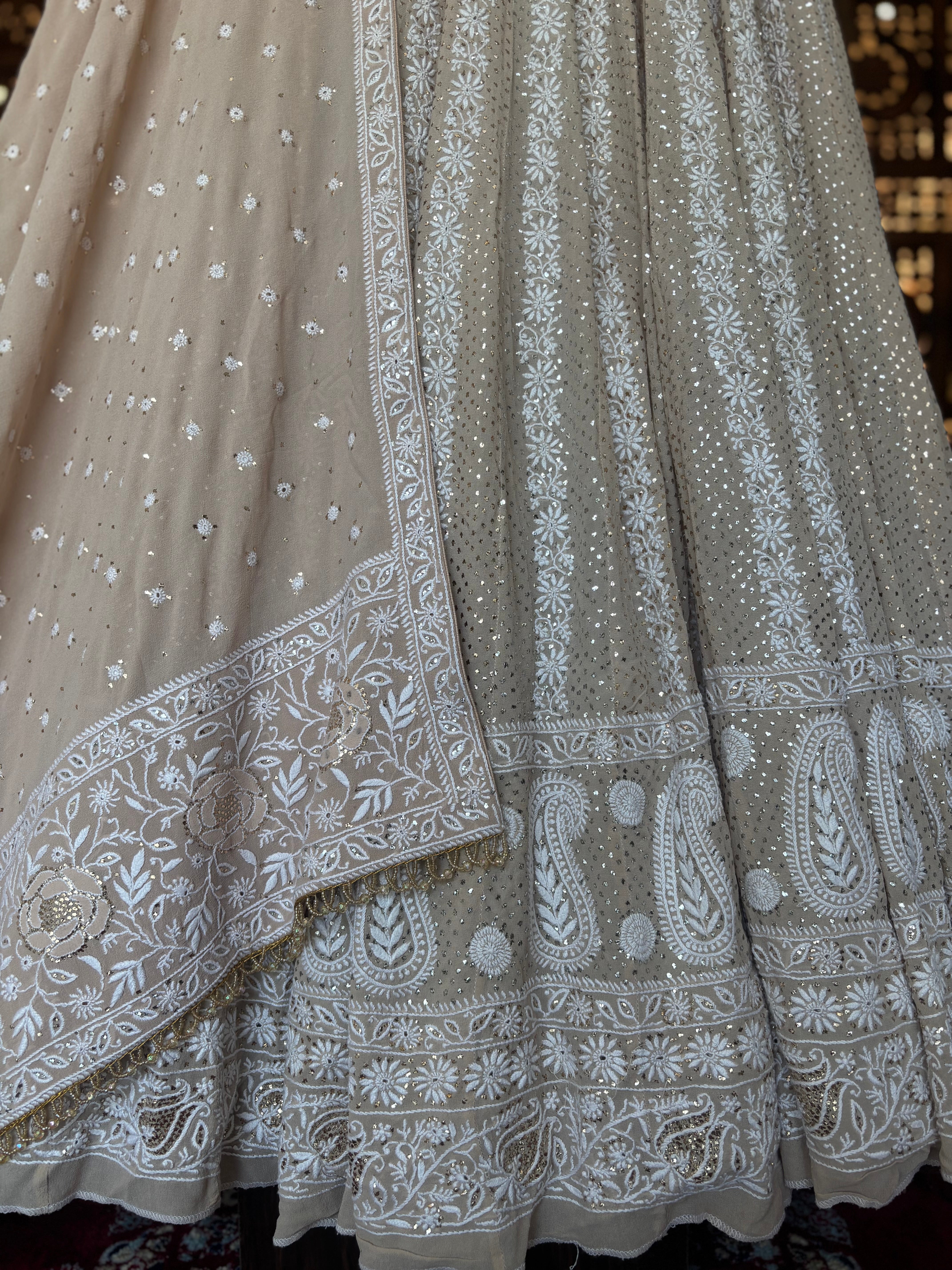 Champagne Beige Pure And Premium Georgette Mukaish Chikankari Heavy Flared Anarkali