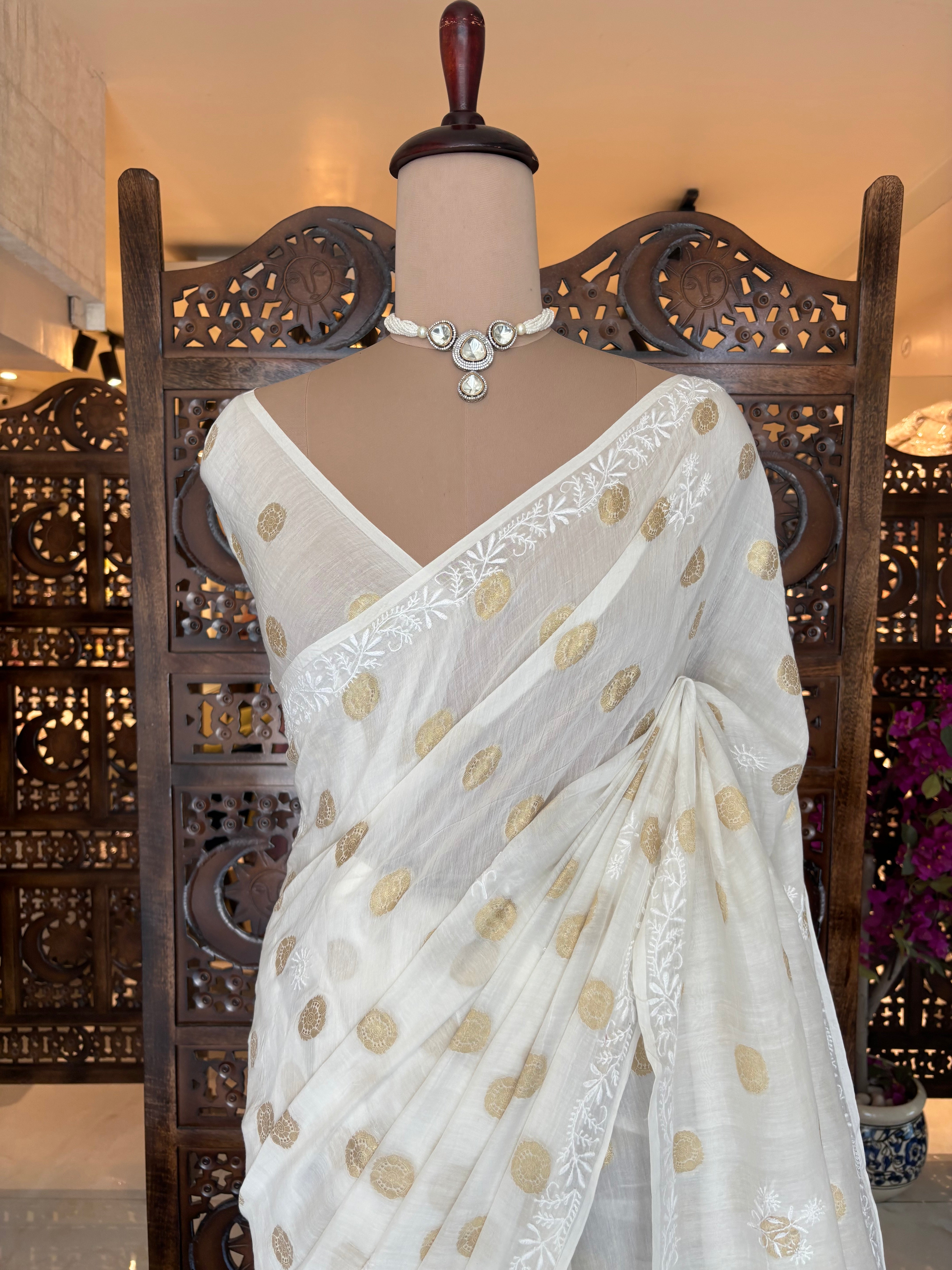 Dyeable Pure Chanderi Mul With Banarasi Boota Chikankari Saree