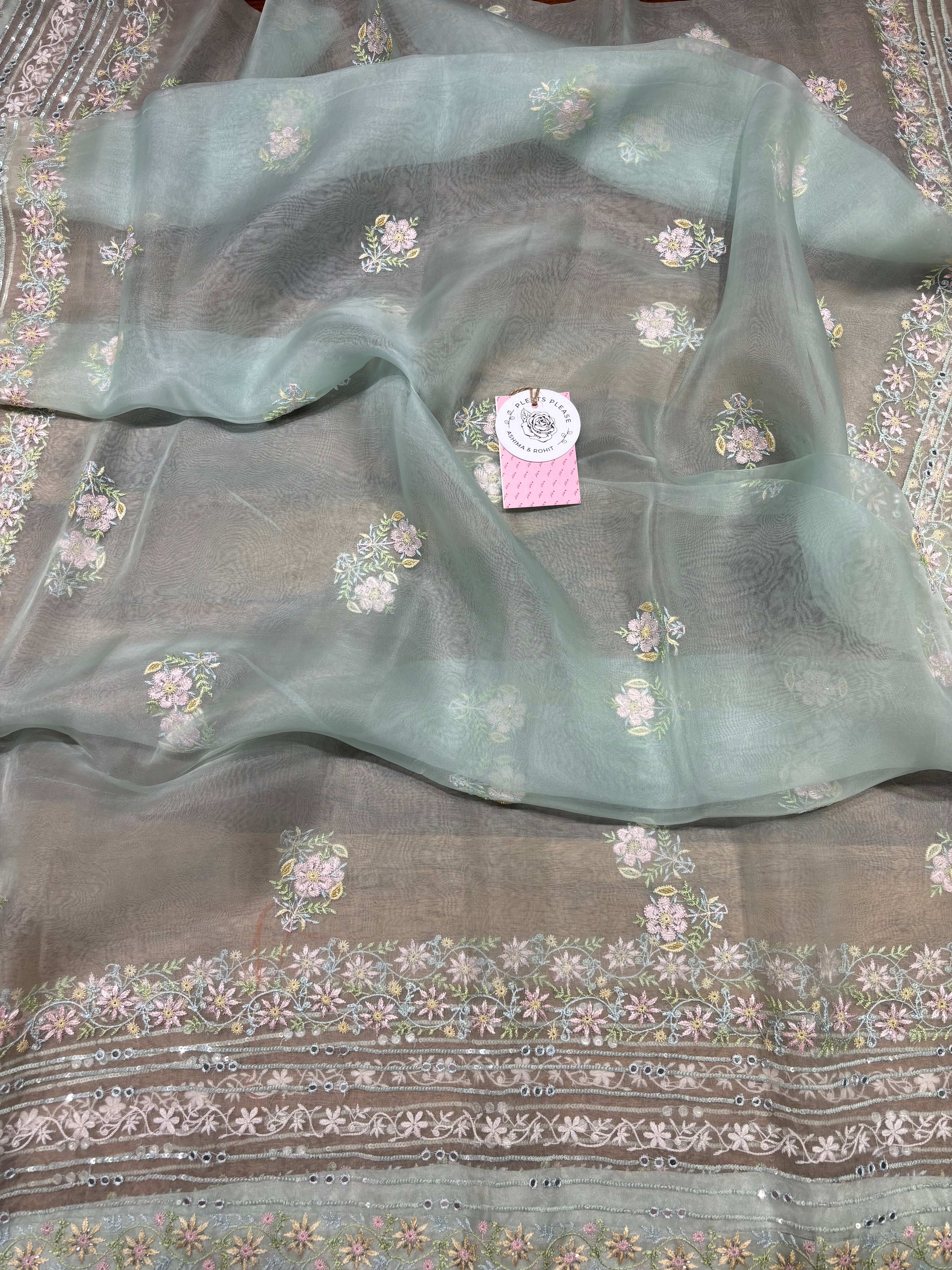 Sea Foam Pure & Premium Organza Silk Chikankari Kurta & Dupatta Fabric