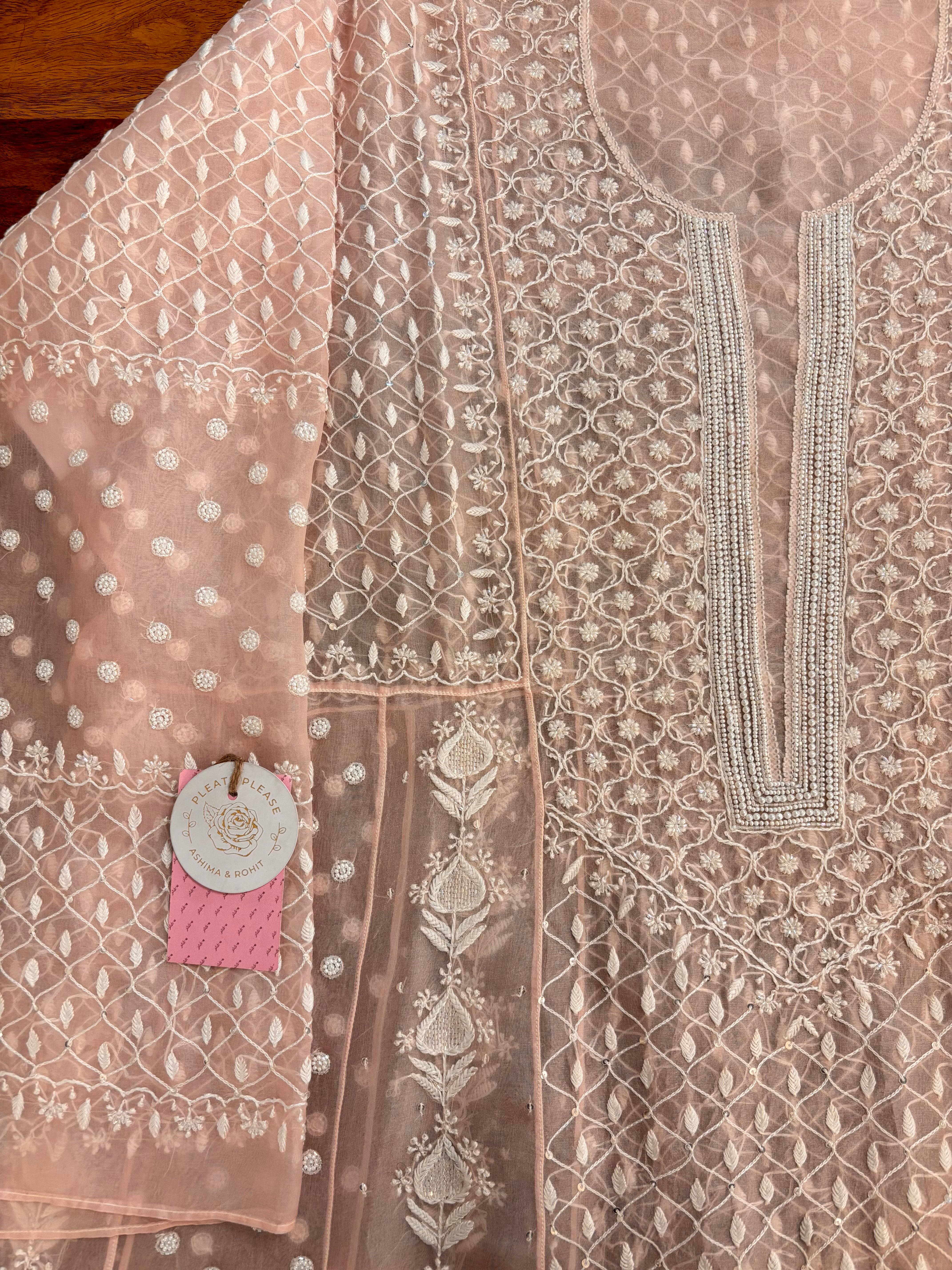 Baby Pink Organza Silk Chikankari Anarkali & Dupatta