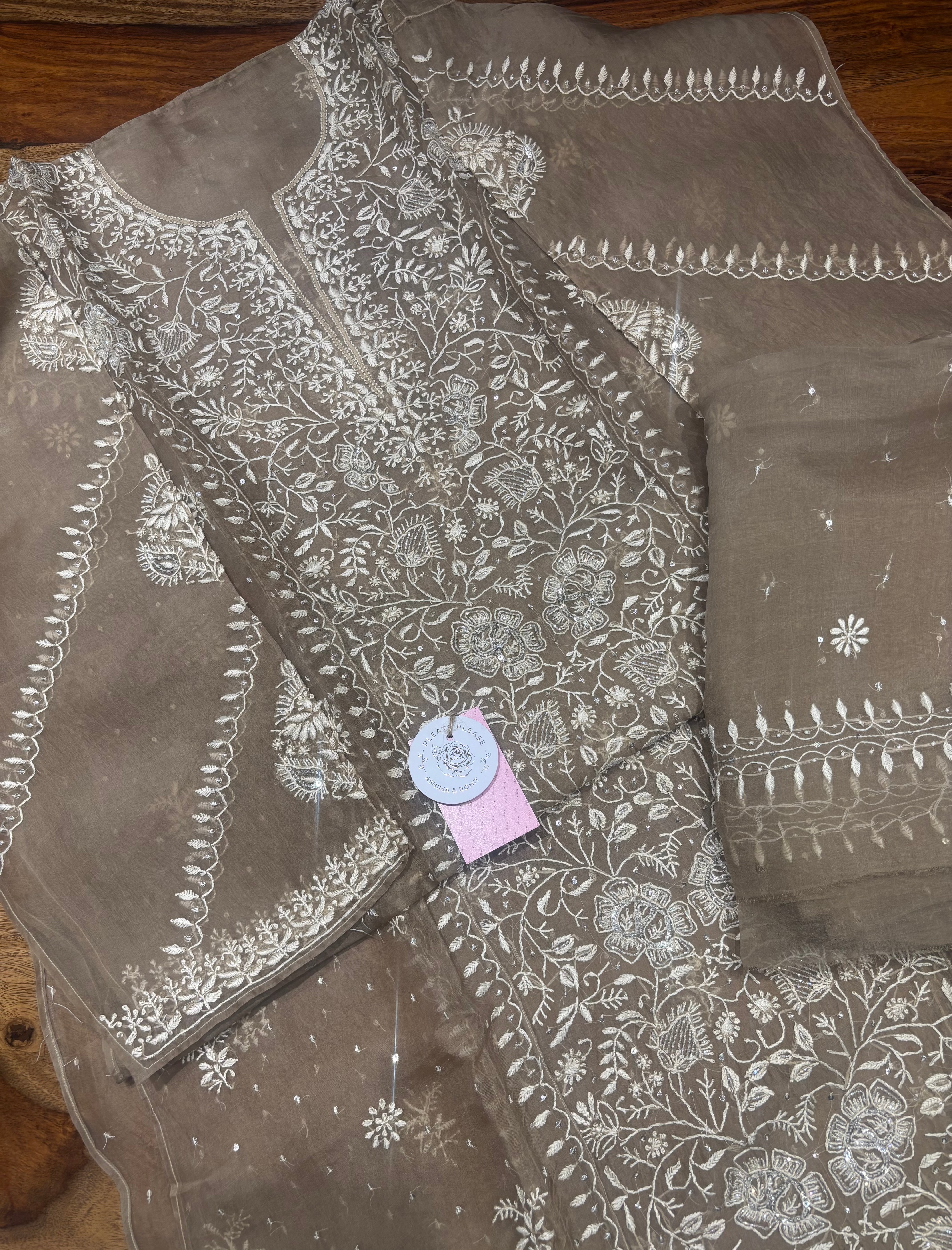 Brown Pure & Premium Organza Silk Chikankari Kurta & Dupatta Set