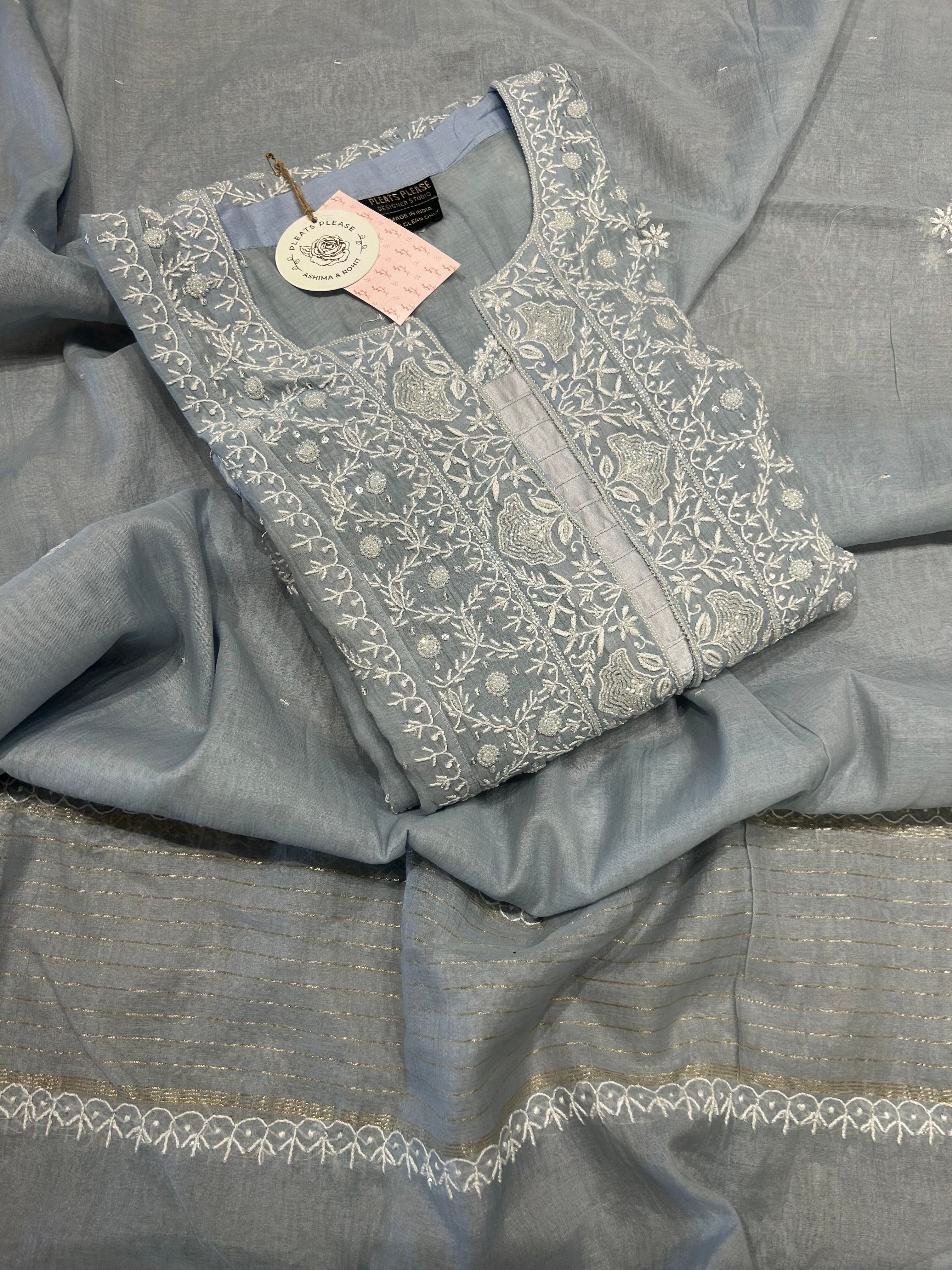 Powder Blue Chanderi Mul Chikankari Kurta and Dupatta