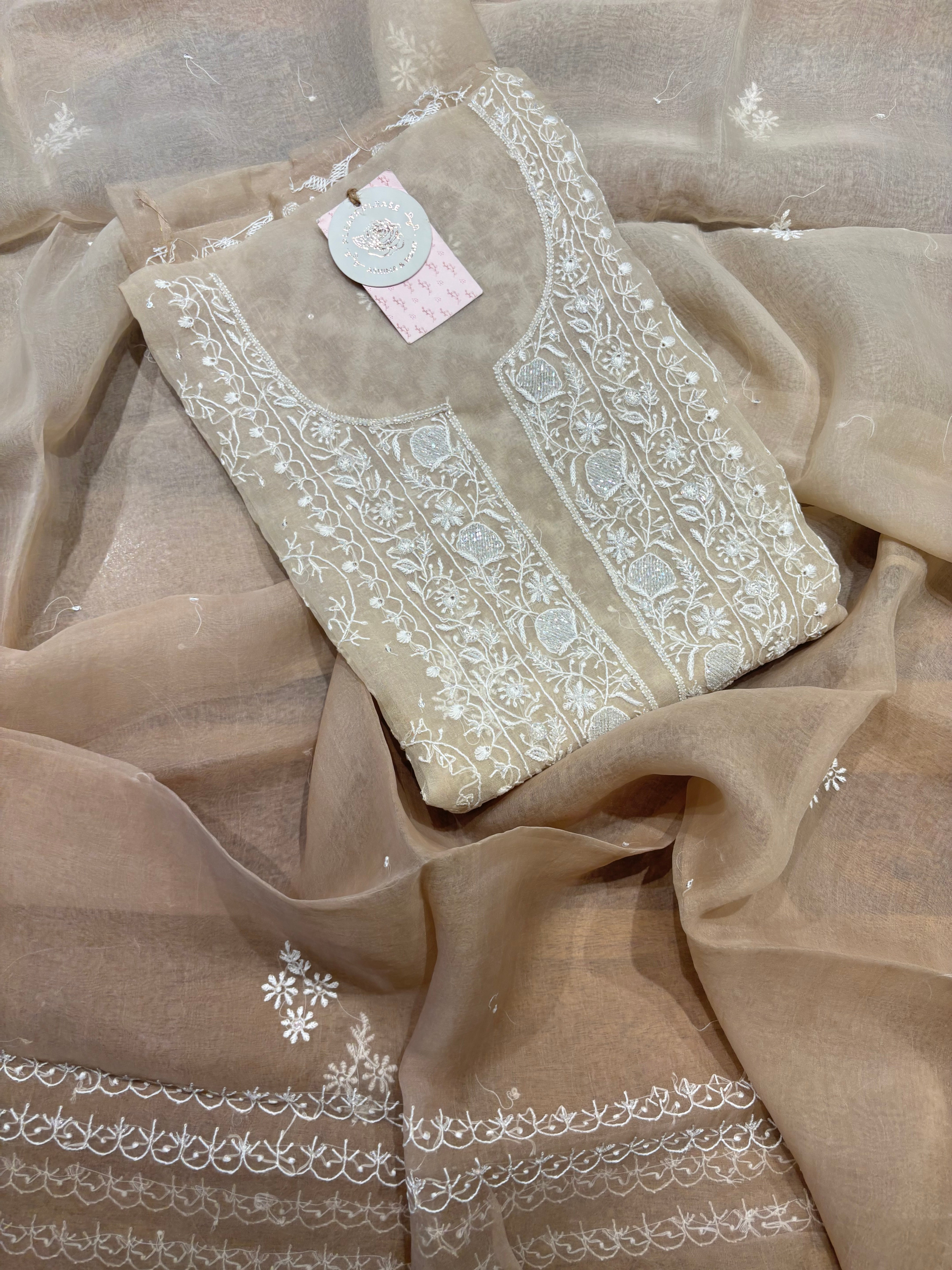 brown Ombré Organza Chikankari Kurta & Dupatta Fabric