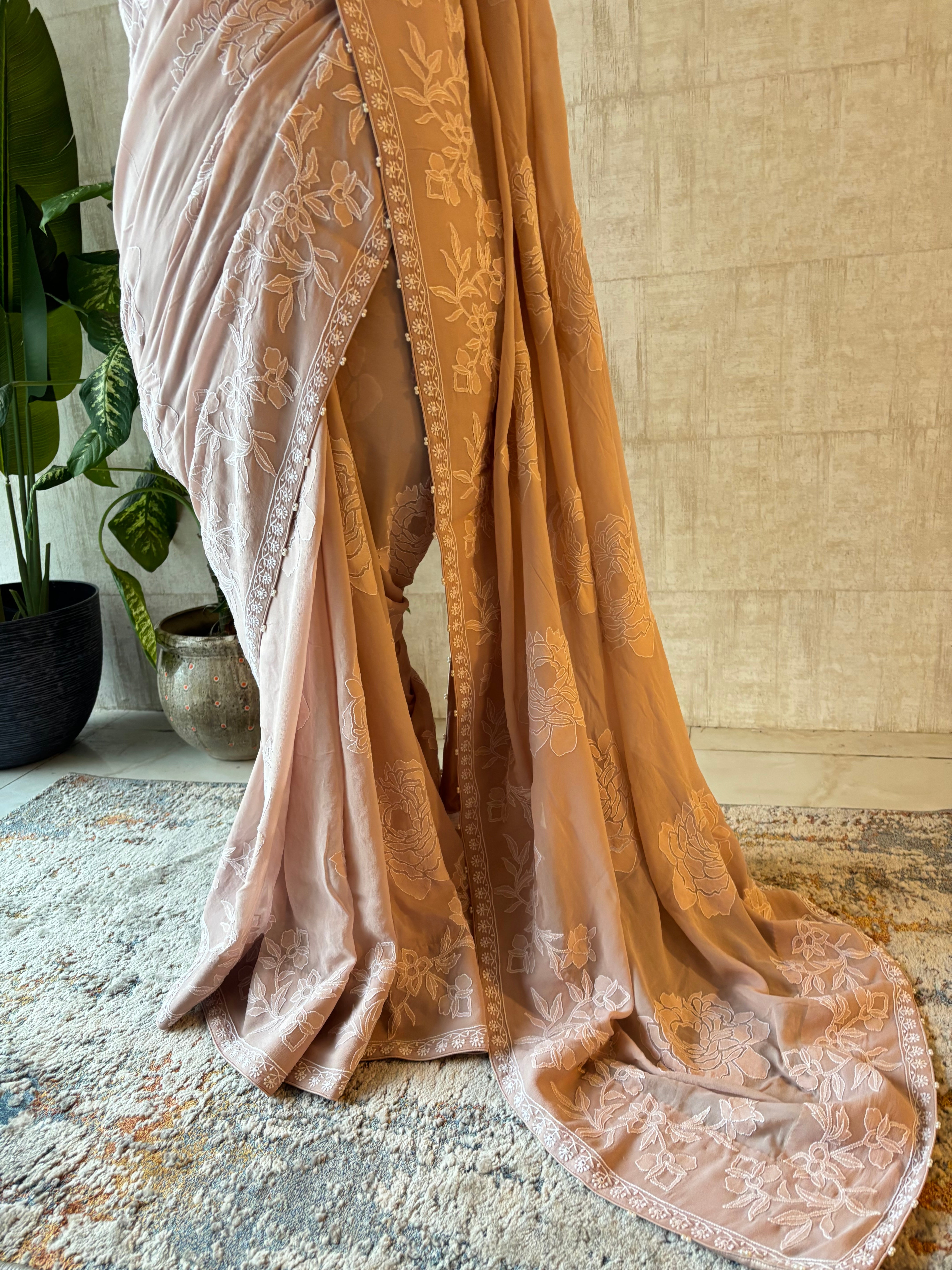 Dusty Peach Pure & Premium Georgette Chikankari Saree & Blouse