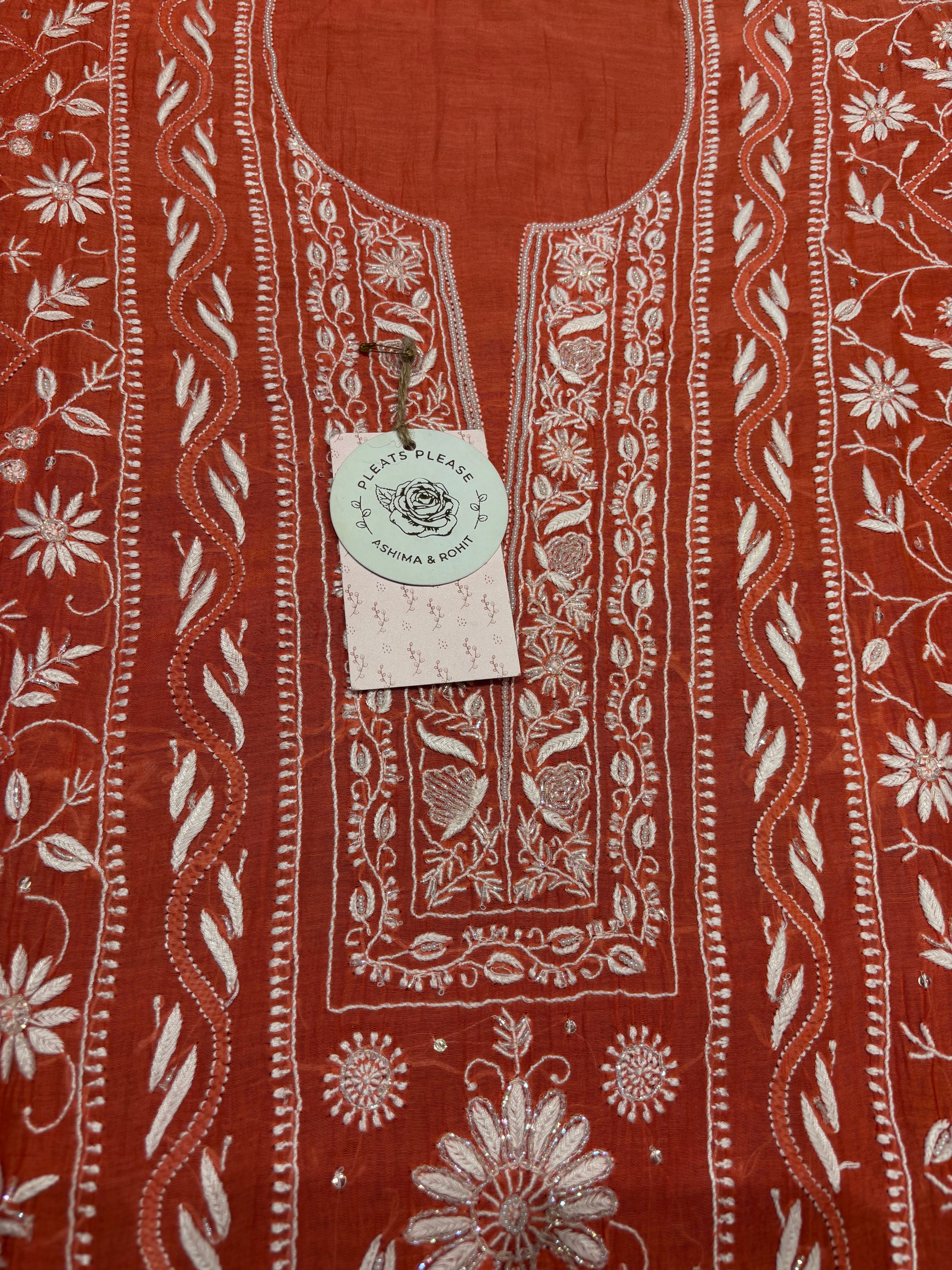 Rust Orange Chanderi Mul Chikankari Kurta And Dupatta Set