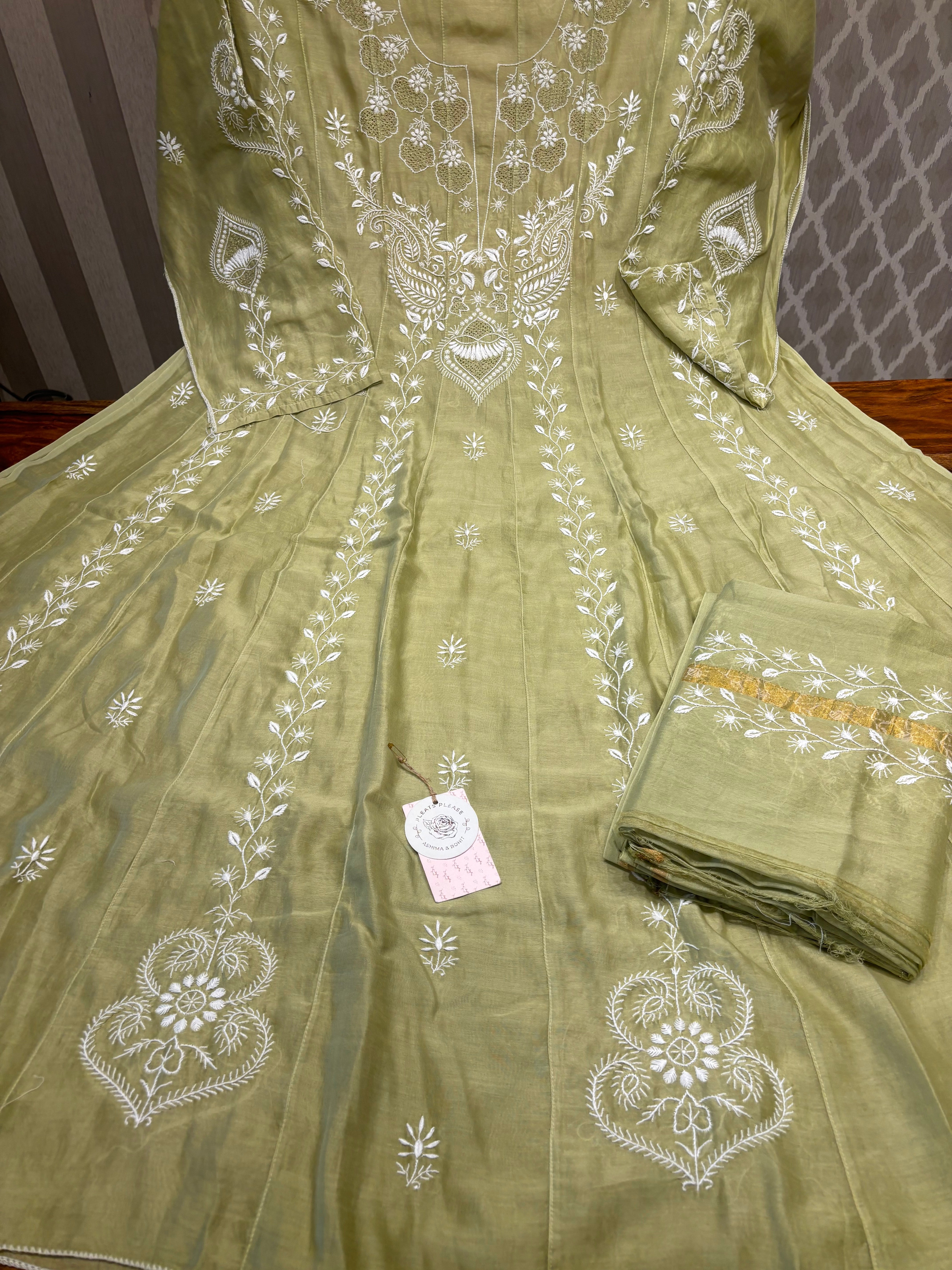Pastel Olive Green Chanderi silk Chikankari Anarkali and Dupatta set