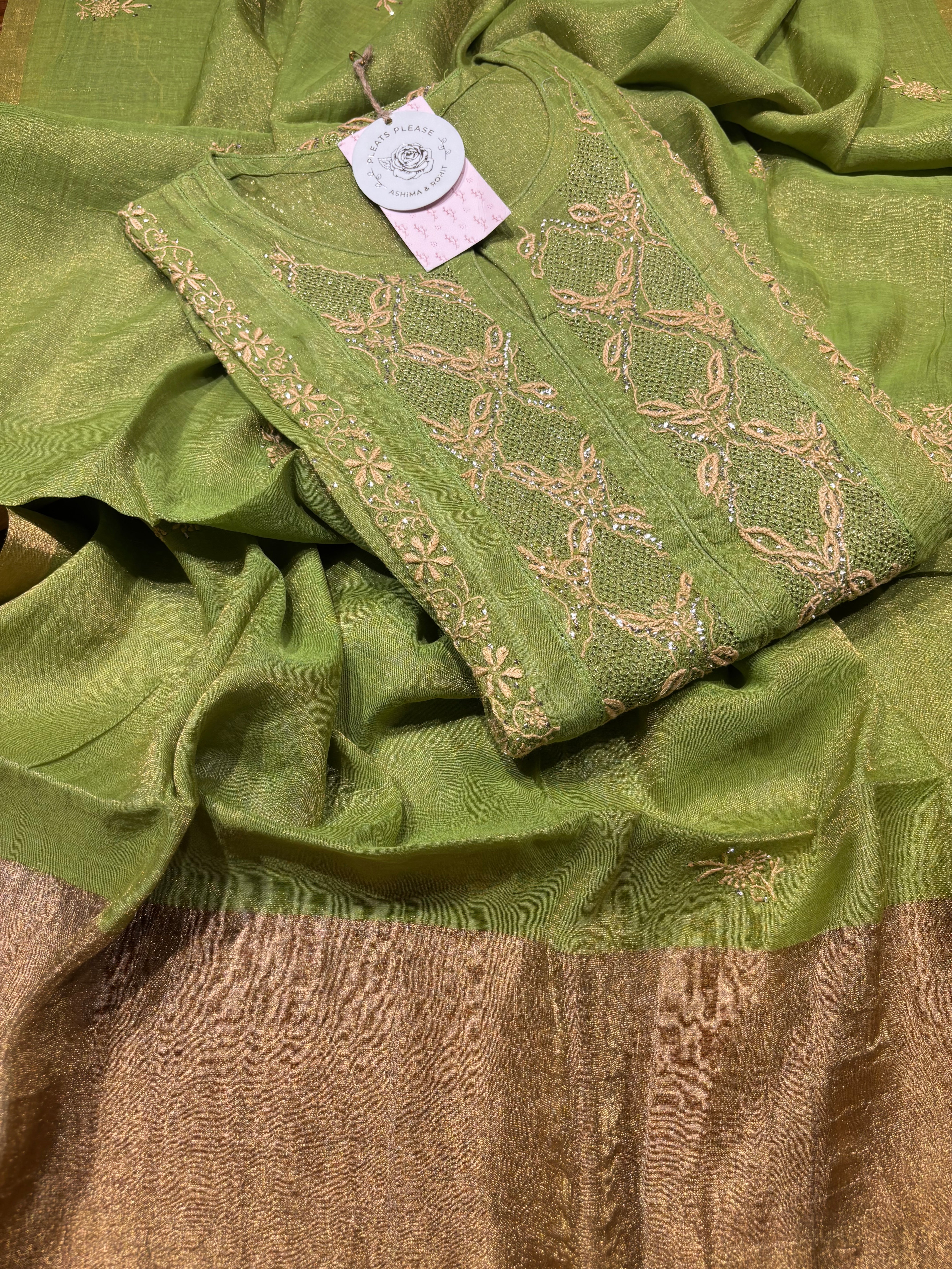 Green Pure Tissue Chikankari Kalidar Kurta and Dupatta set