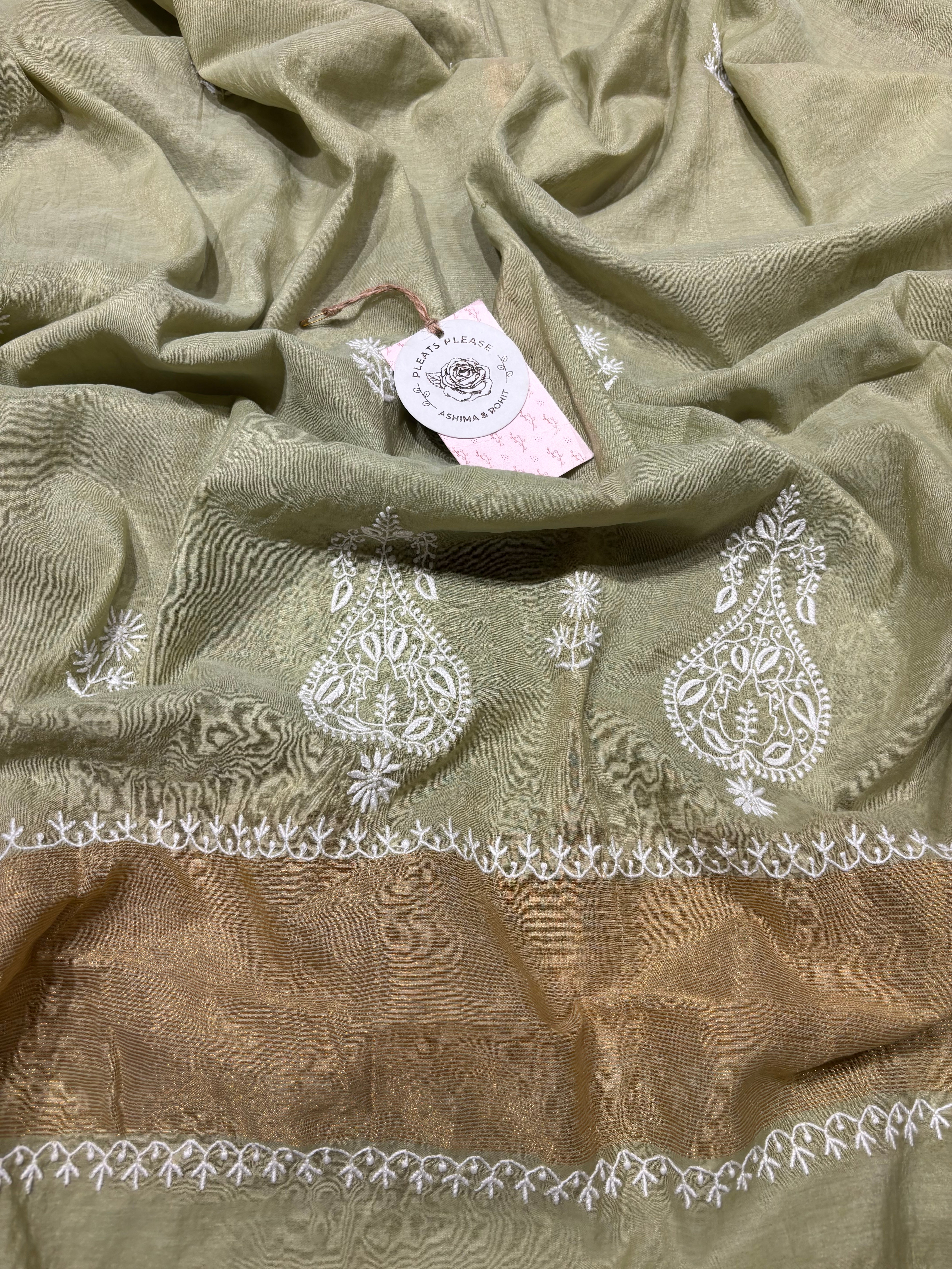 Green Chanderi silk Chikankari Kurta and Dupatta Fabric