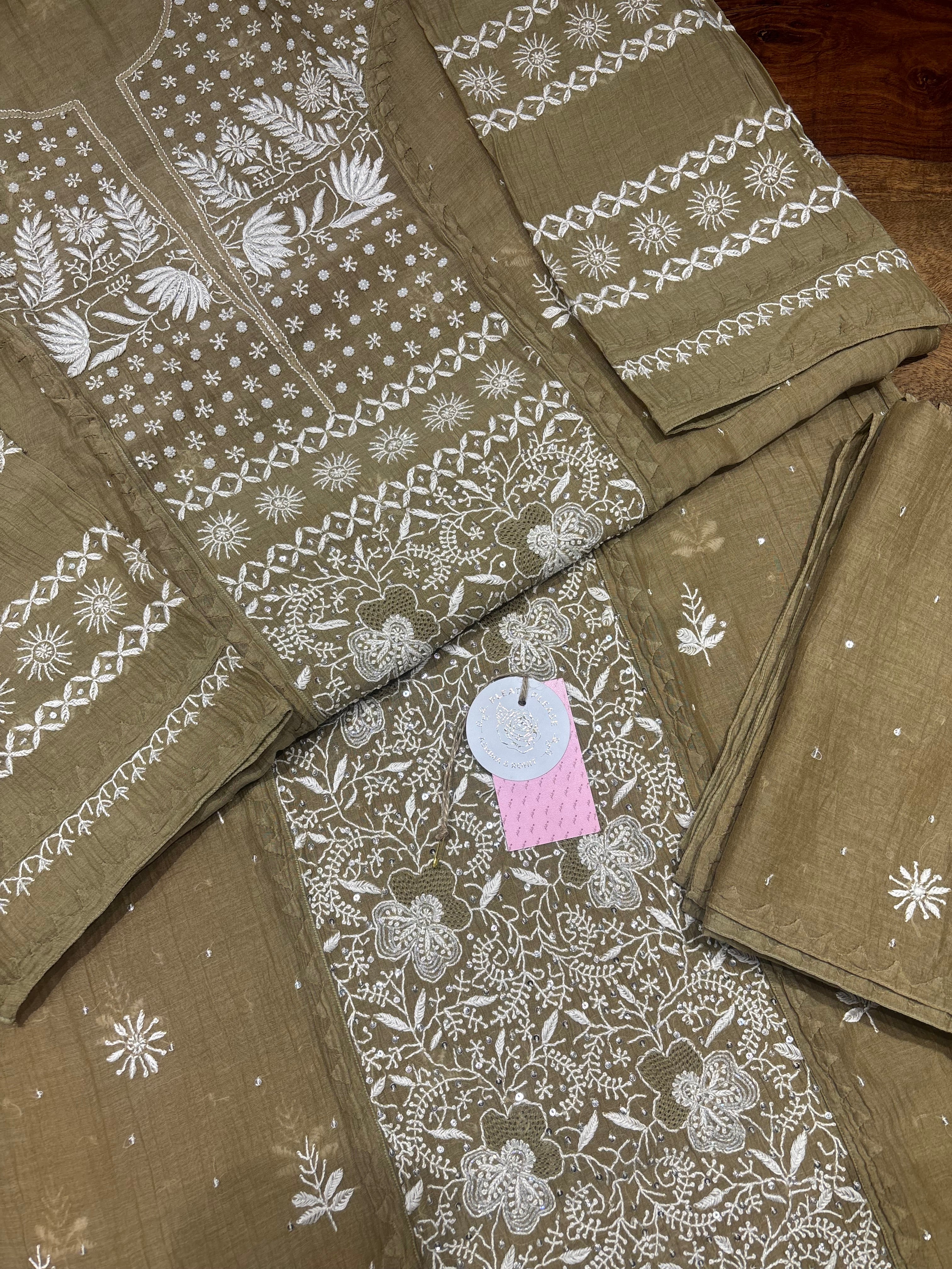 Military Green Chanderi Mul Chikankari Kurta and Dupatta Set