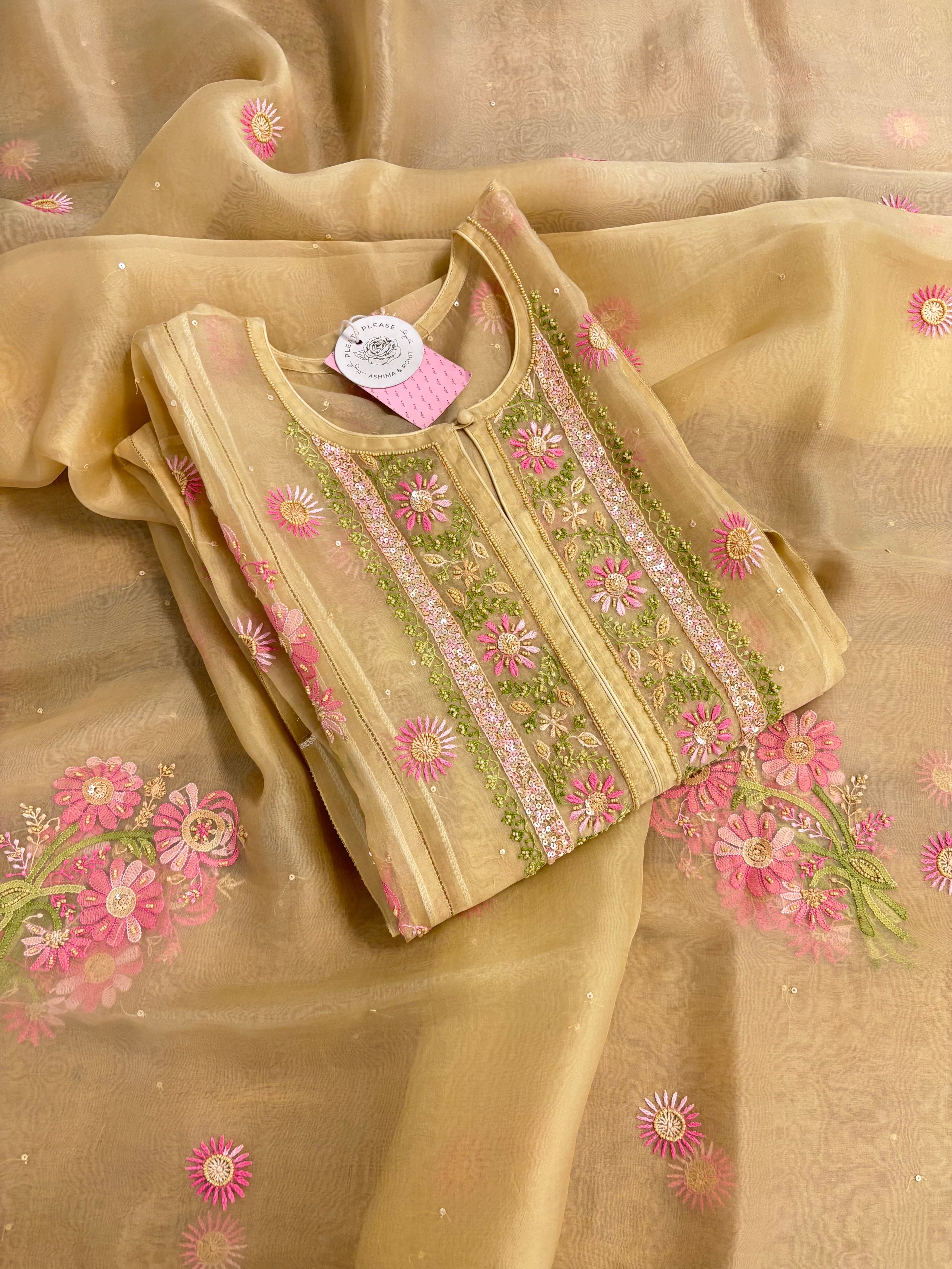 Golden Pure Organza Silk Chikankari Kurta & Dupatta