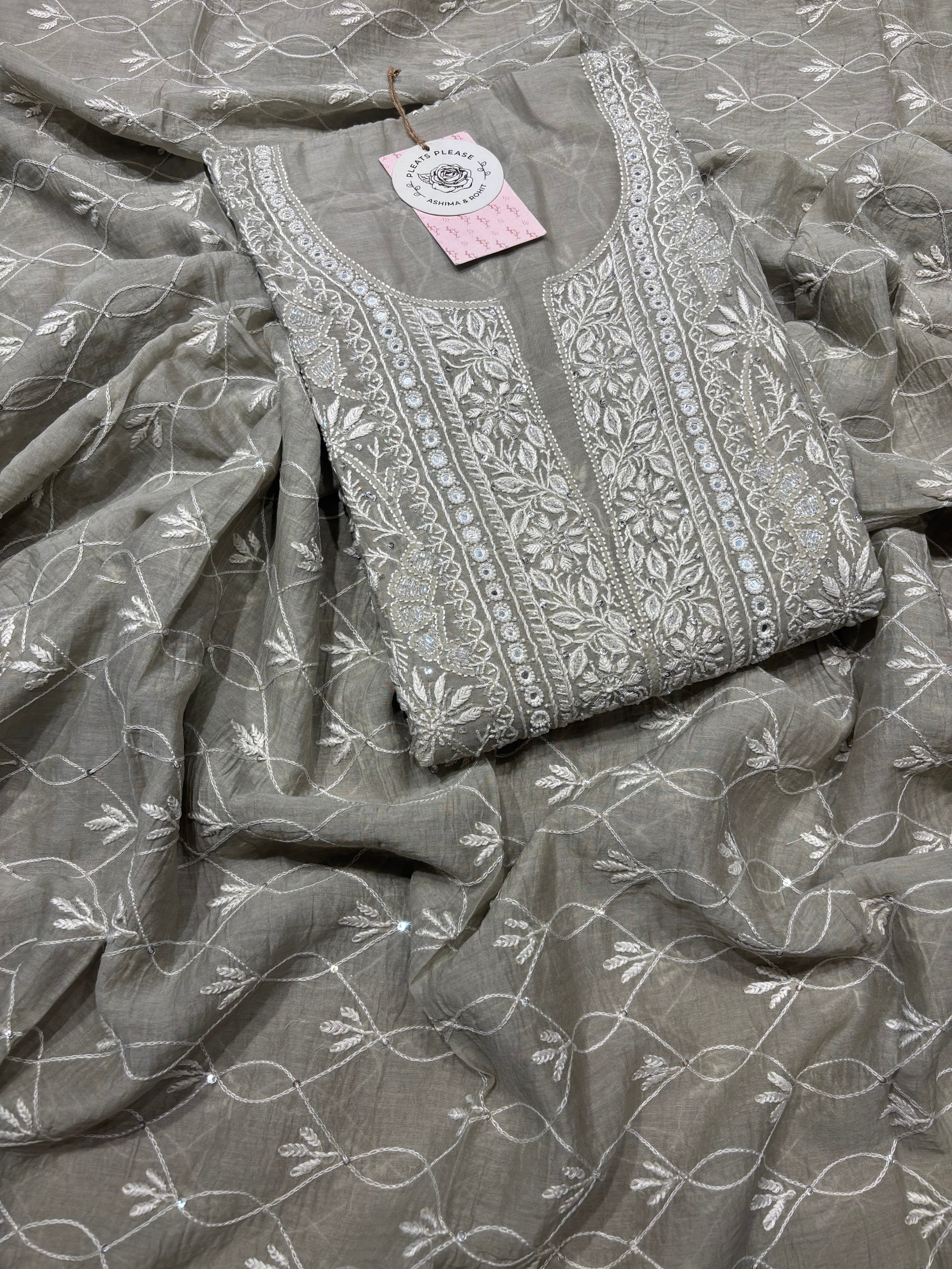 Ash chanderi Mul Chikankari Kurta and Dupatta set