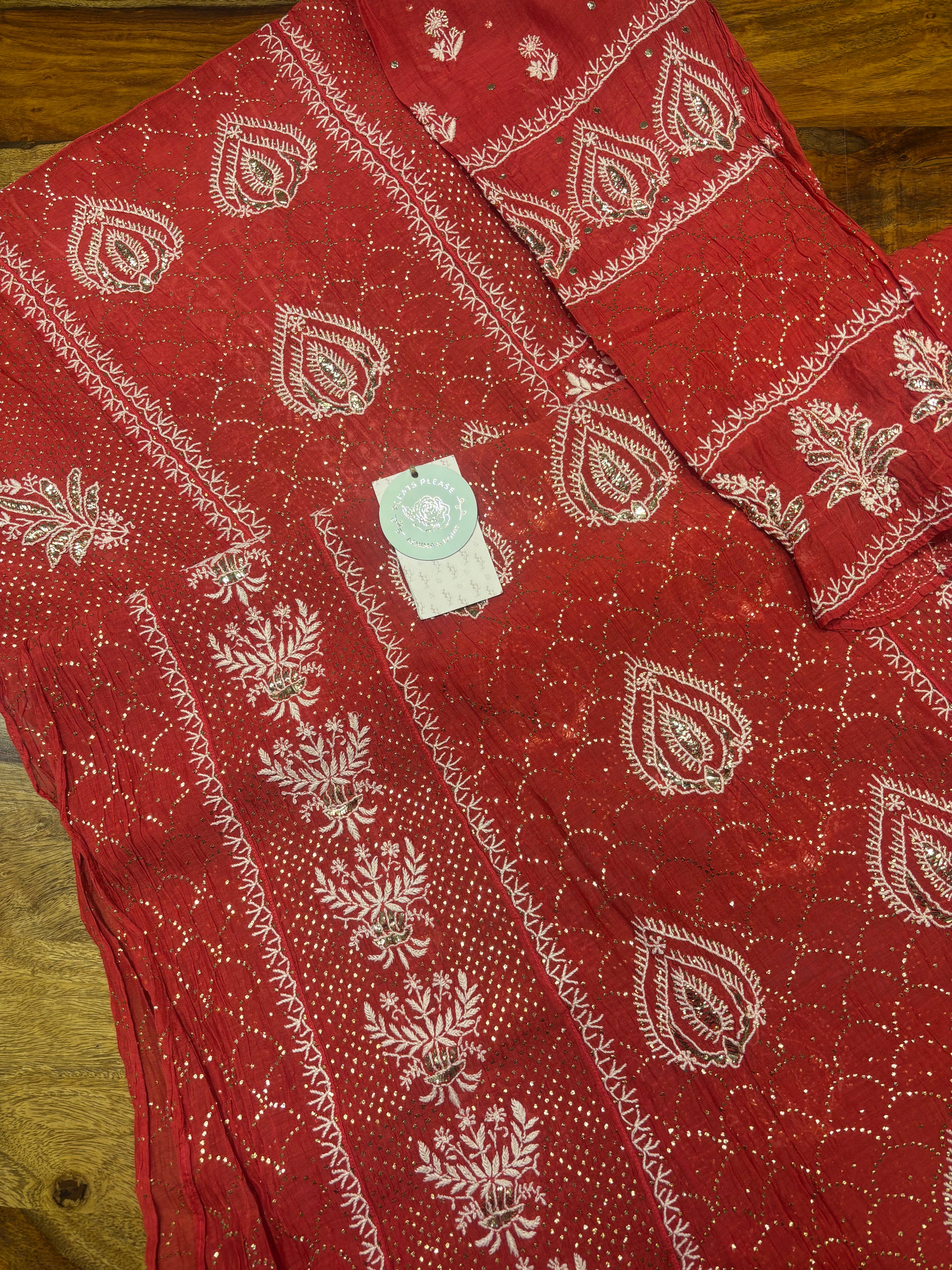 Red Chanderi Mul Chikankari & Mukaish Anarkali & Dupatta Set