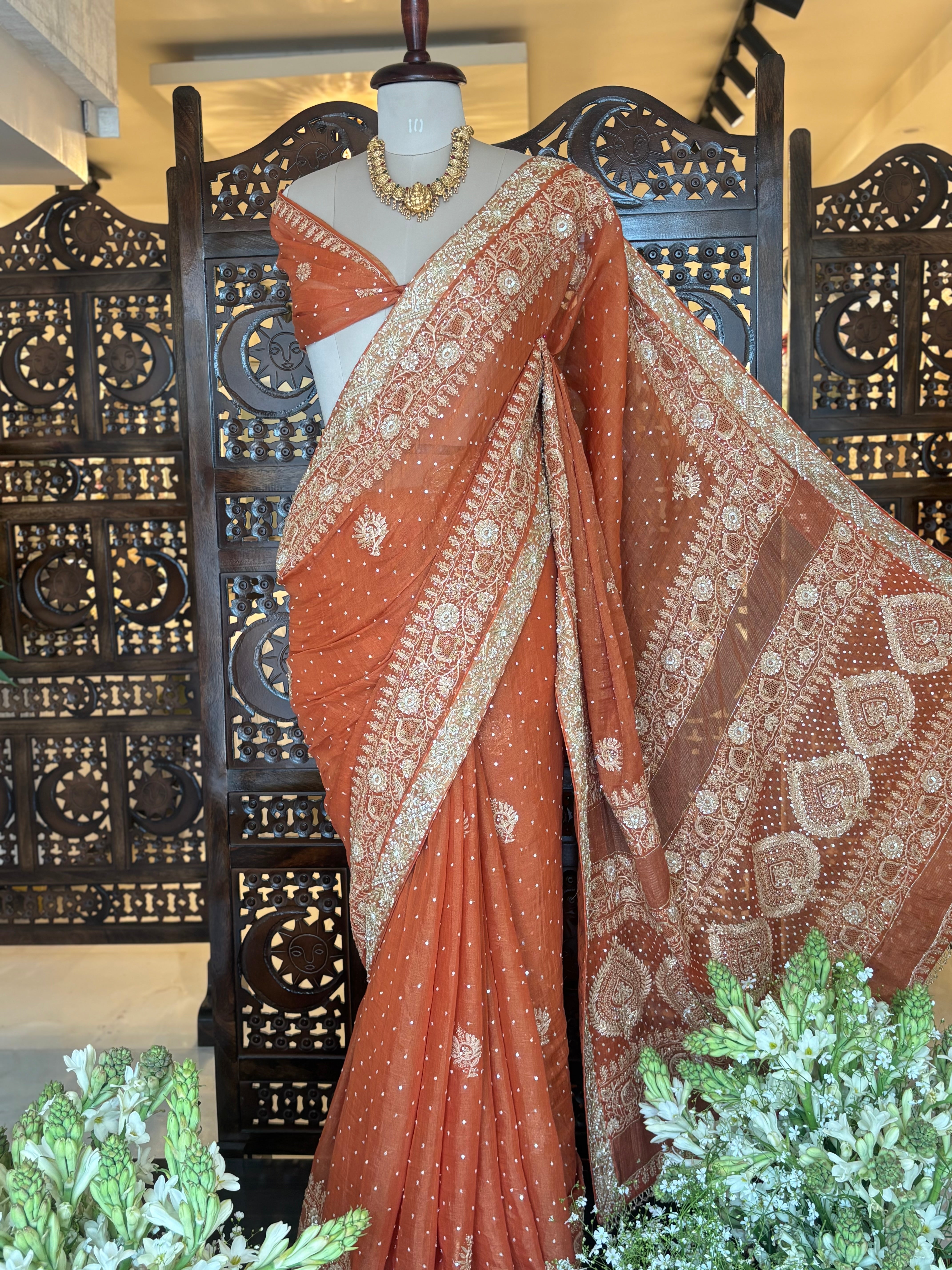 Burnt Orange Pure and Premium Tissue Chikankari Saree and Blouse - Pleats PleaseChikankari