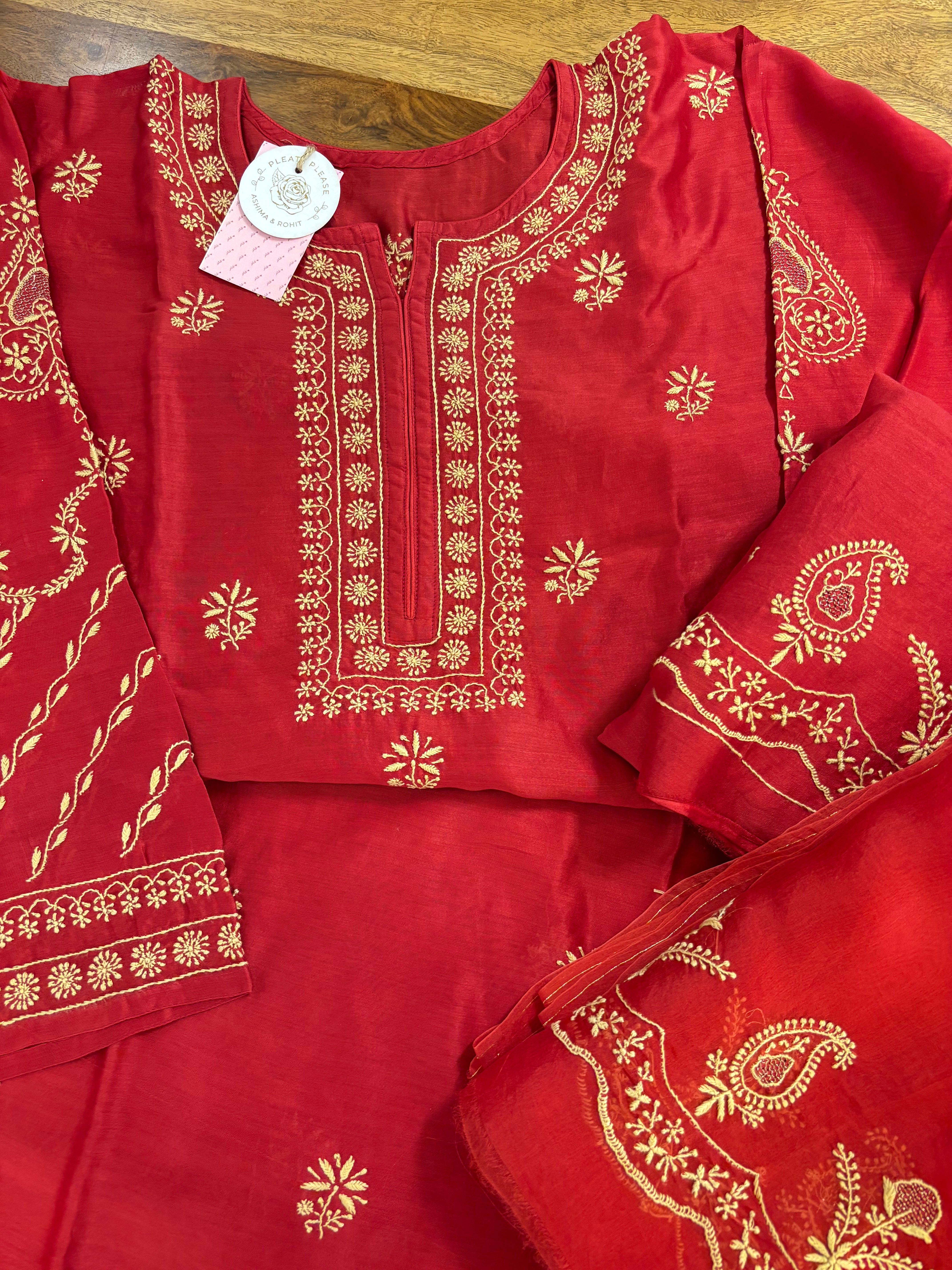 Crimson Red Chanderi Silk Chikankari Kurta,Bottom With Organza Dupatta