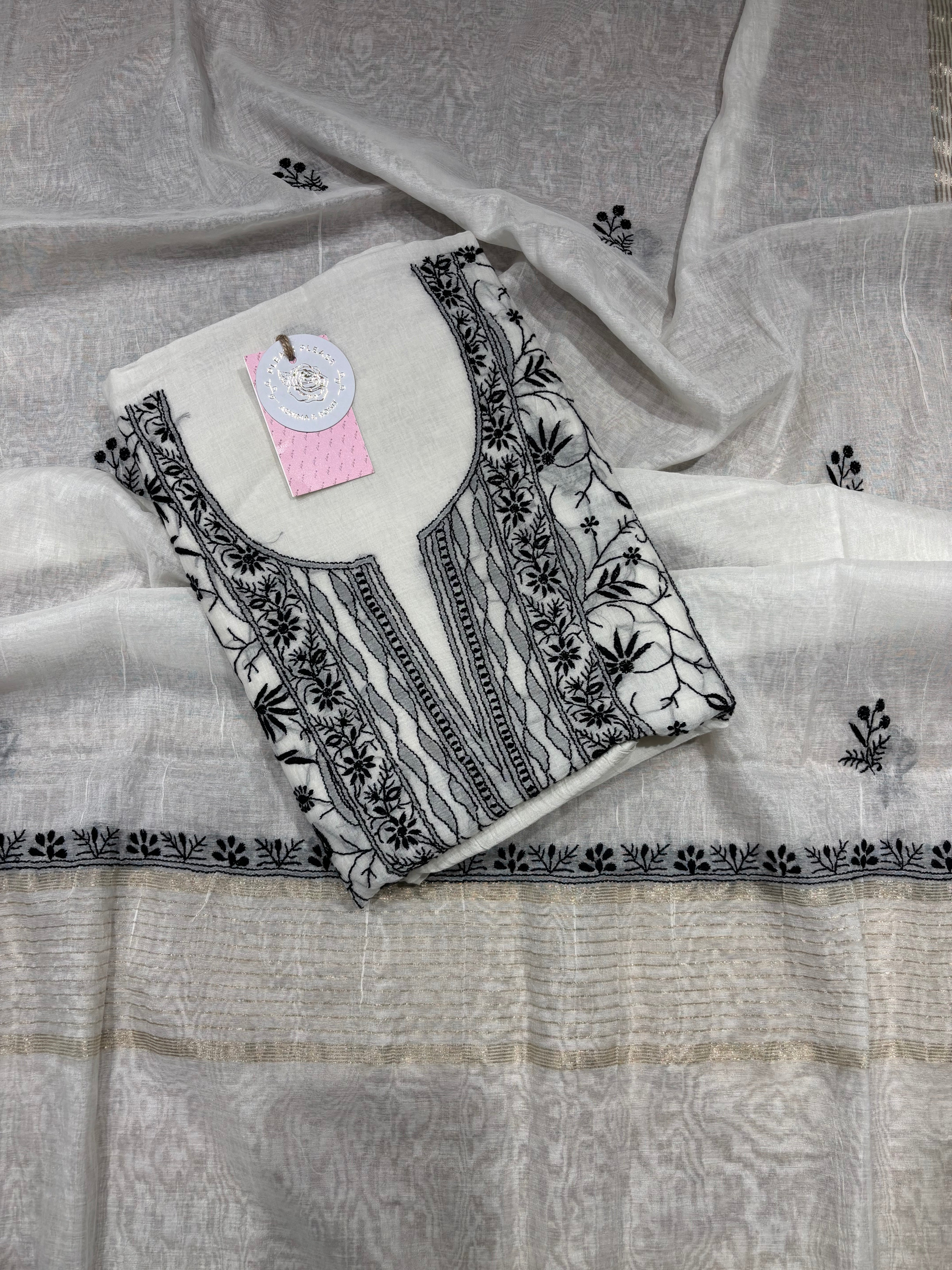 Dyeable Chanderi Mul Chikankari Kurta & Dupatta Fabric