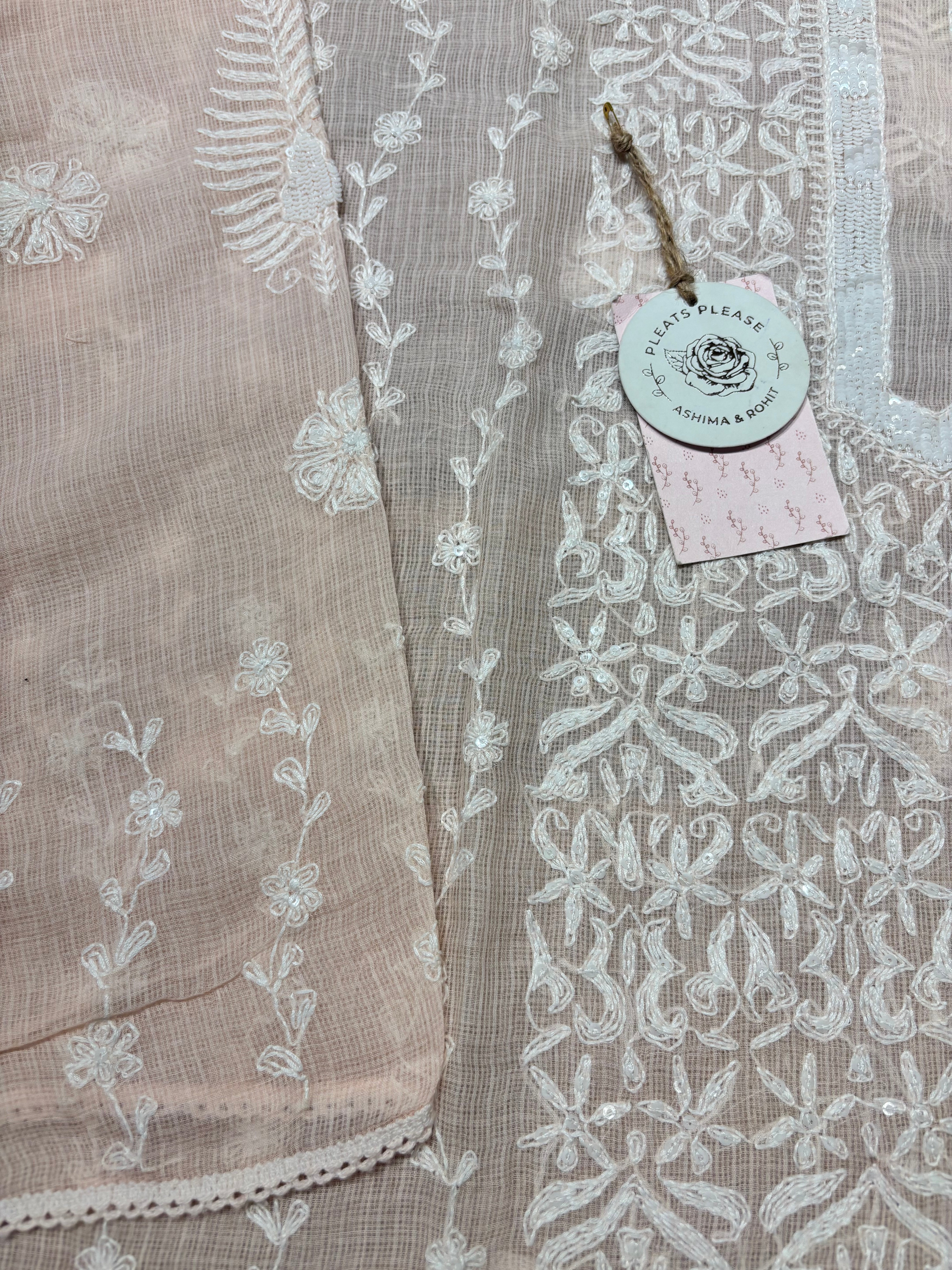 Blush Pink Kota Chikankari Kurta And Dupatta Set