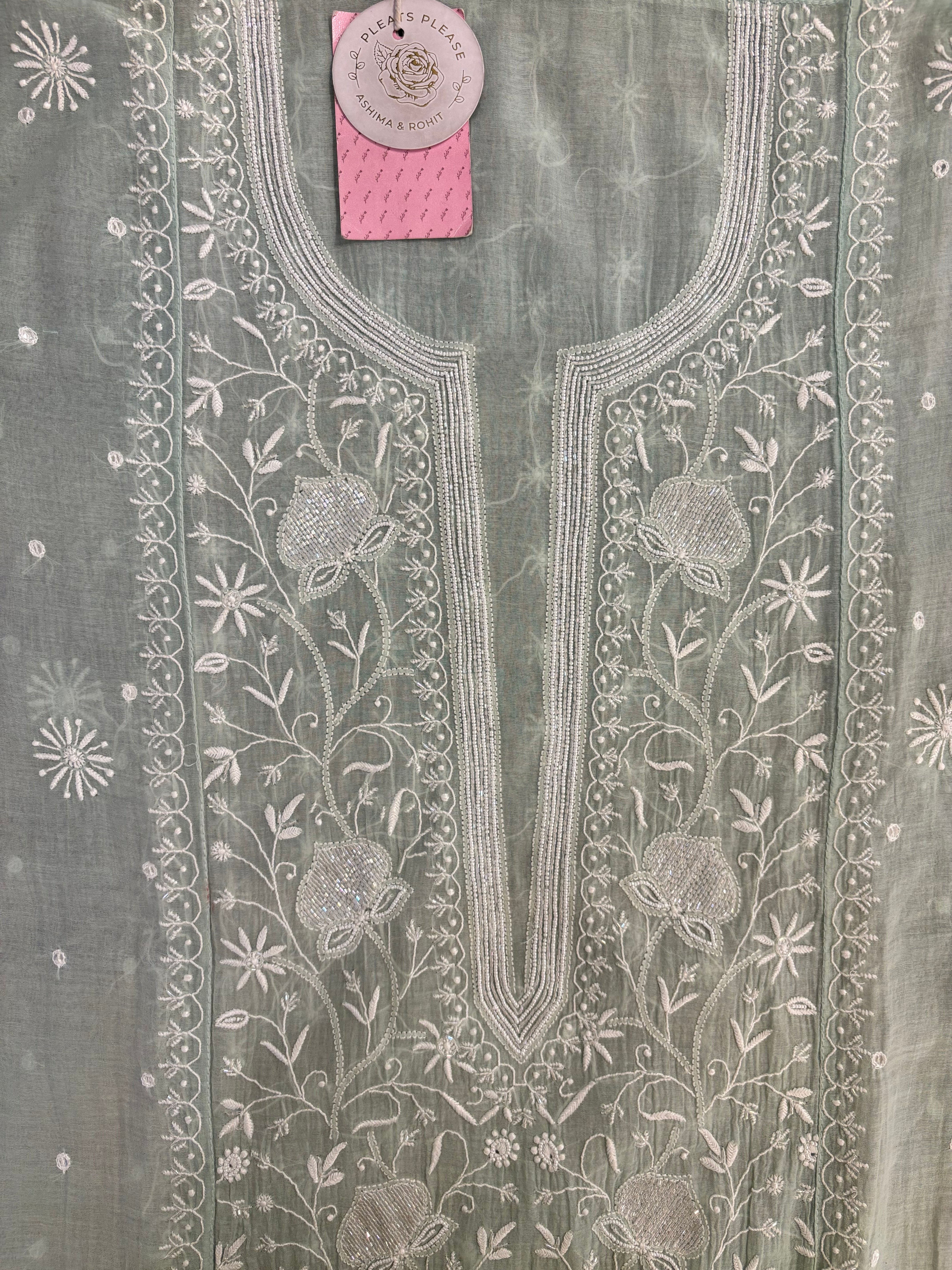 Seafoam Grey Chanderi Chikankari Kurta & Dupatta