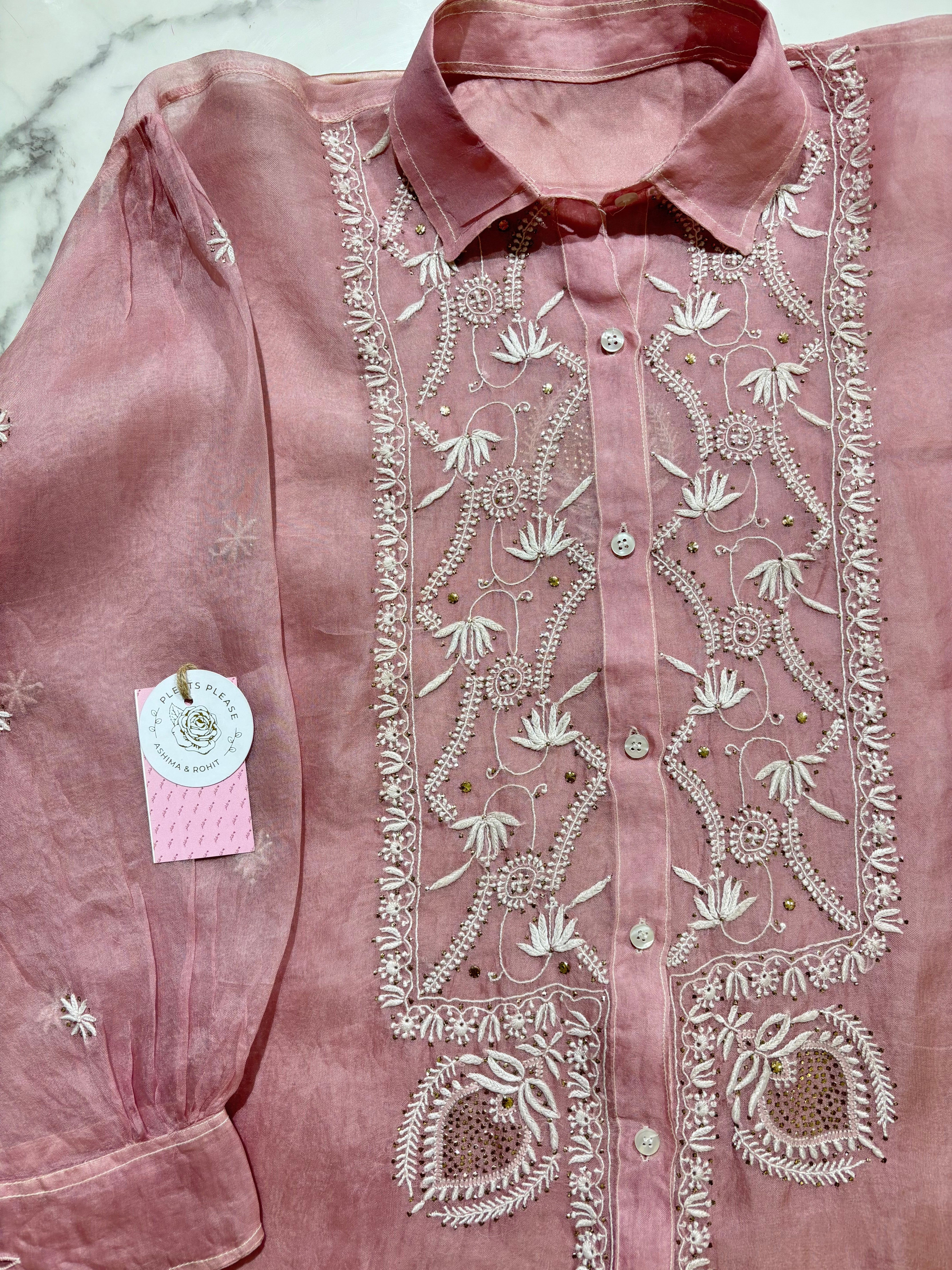 Blush Pink Pure Organza Chikankari Shirt - Pleats PleaseChikankari