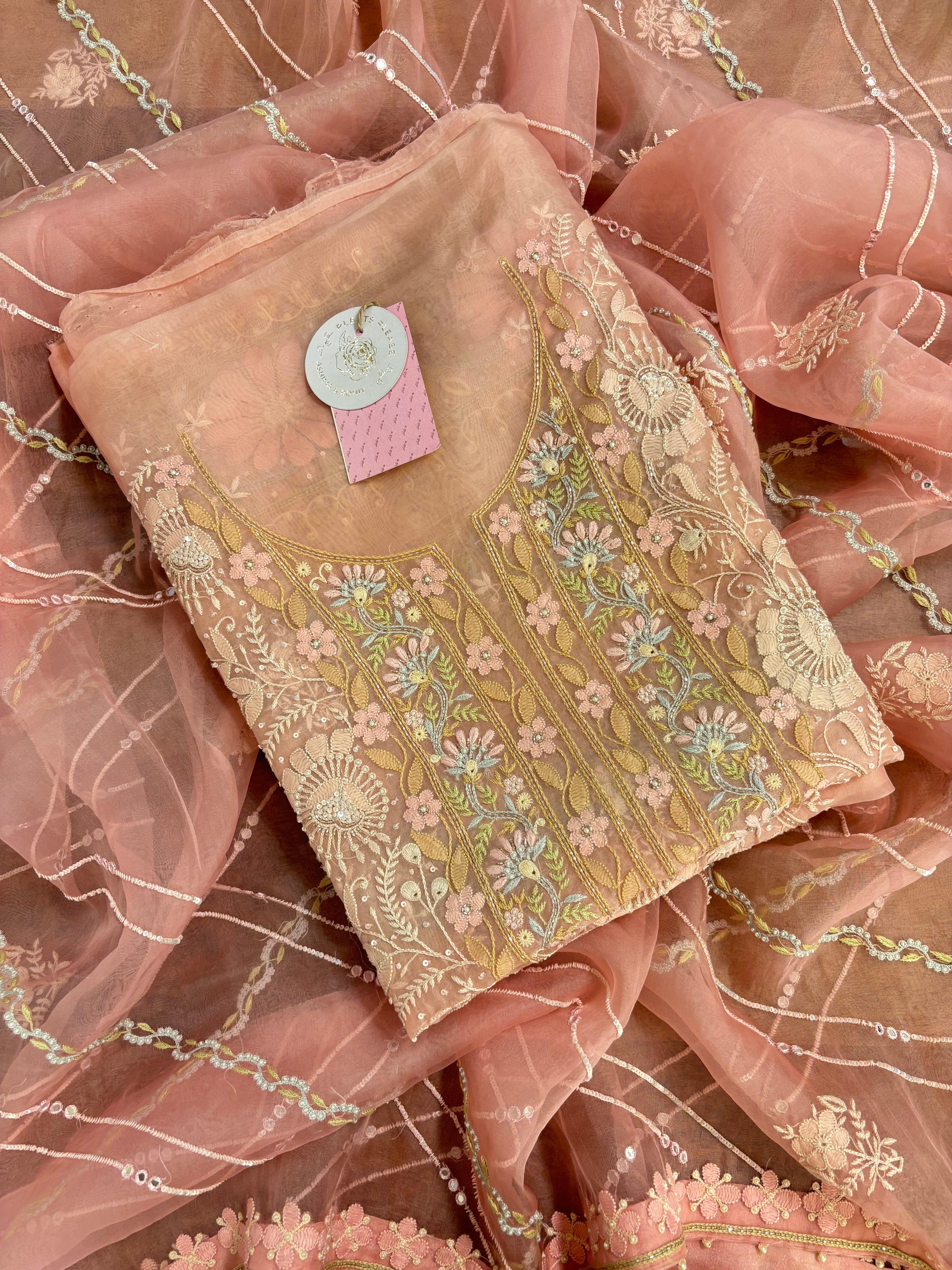 Rose pink Pure Organza Chikankari Kurta & Dupatta