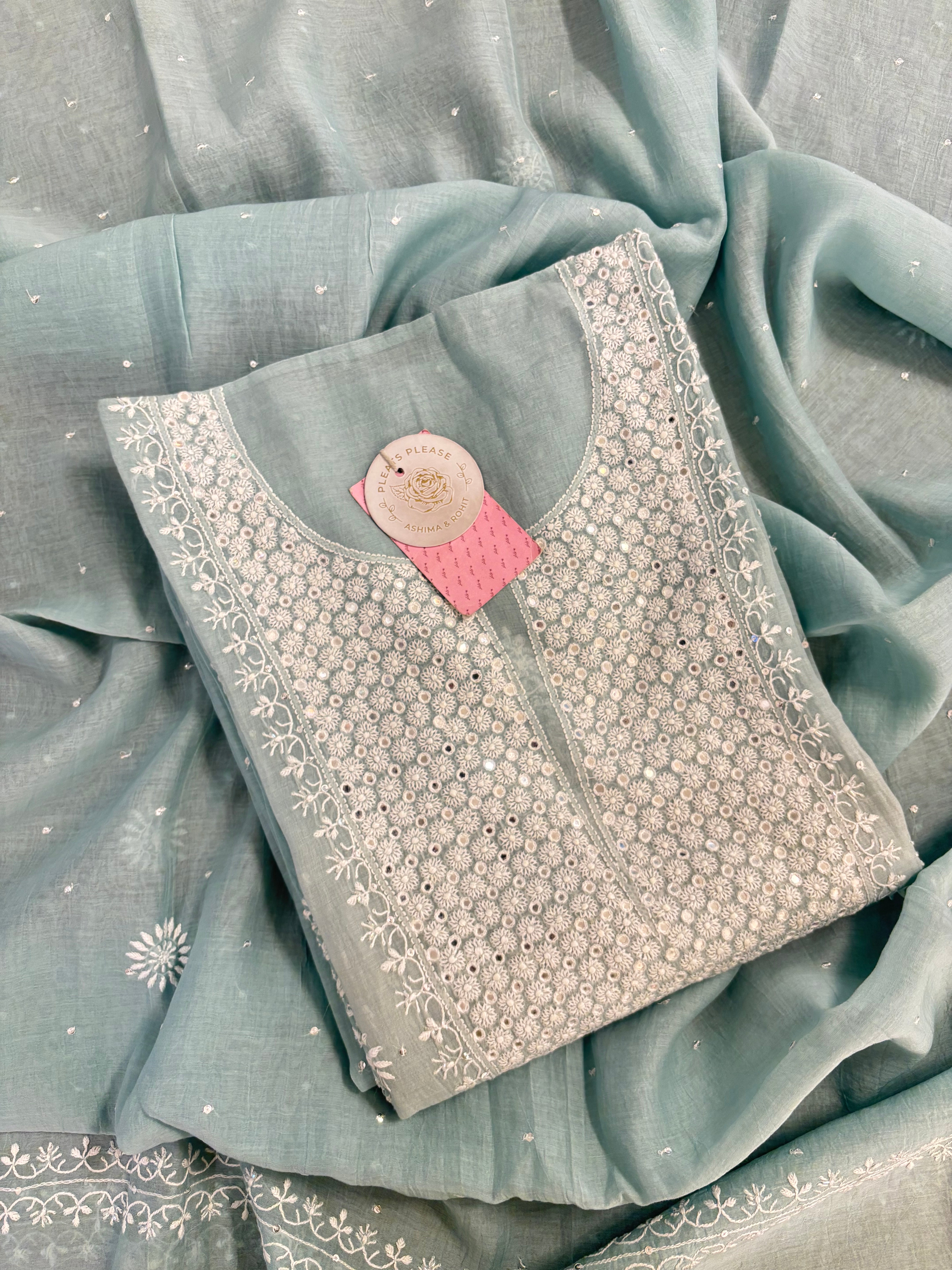 Dusty Sage Green Chanderi Chikankari Kurta & Dupatta