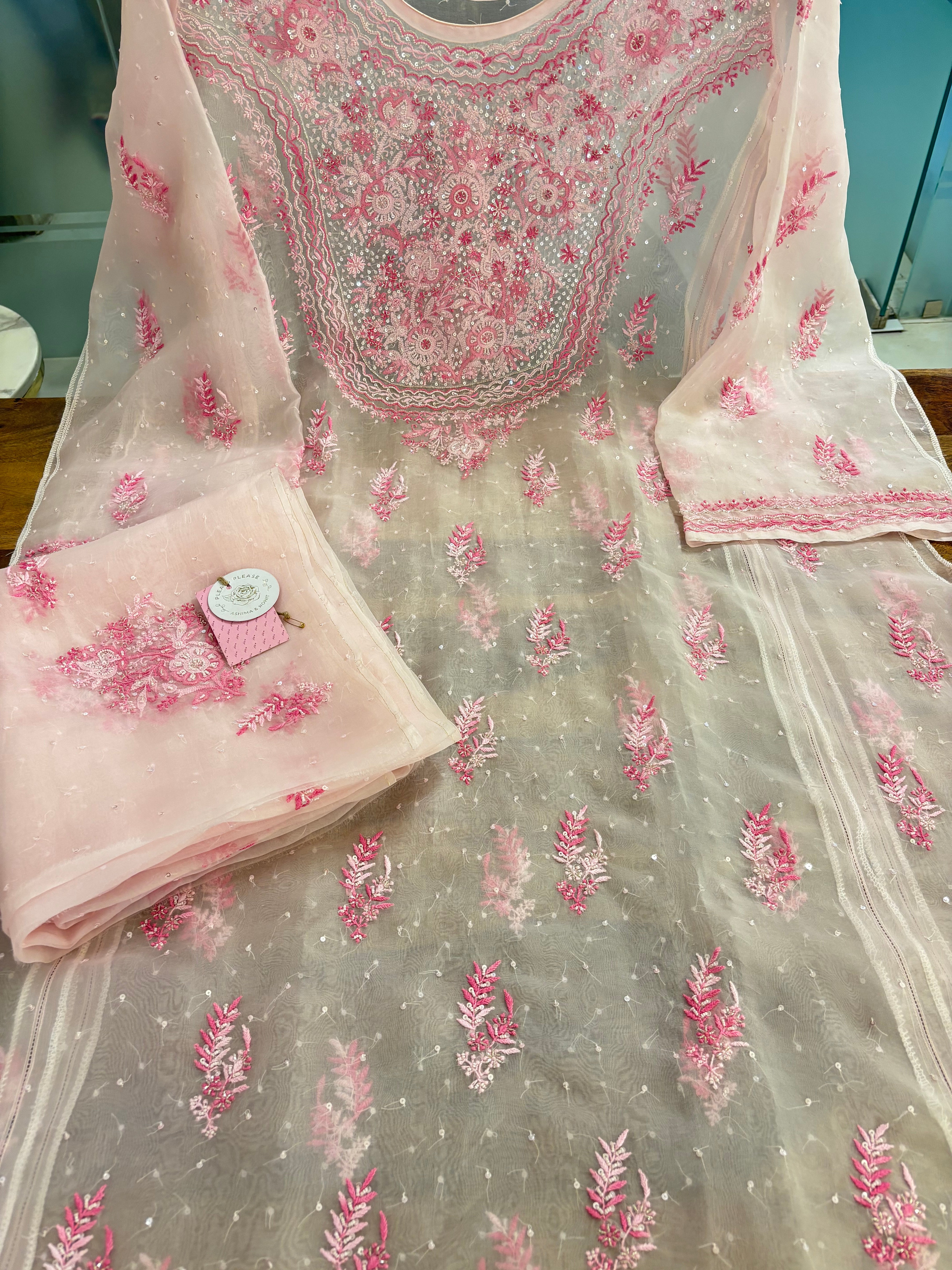 Baby Pink Organza Chikankari A-Line Kurta & Dupatta