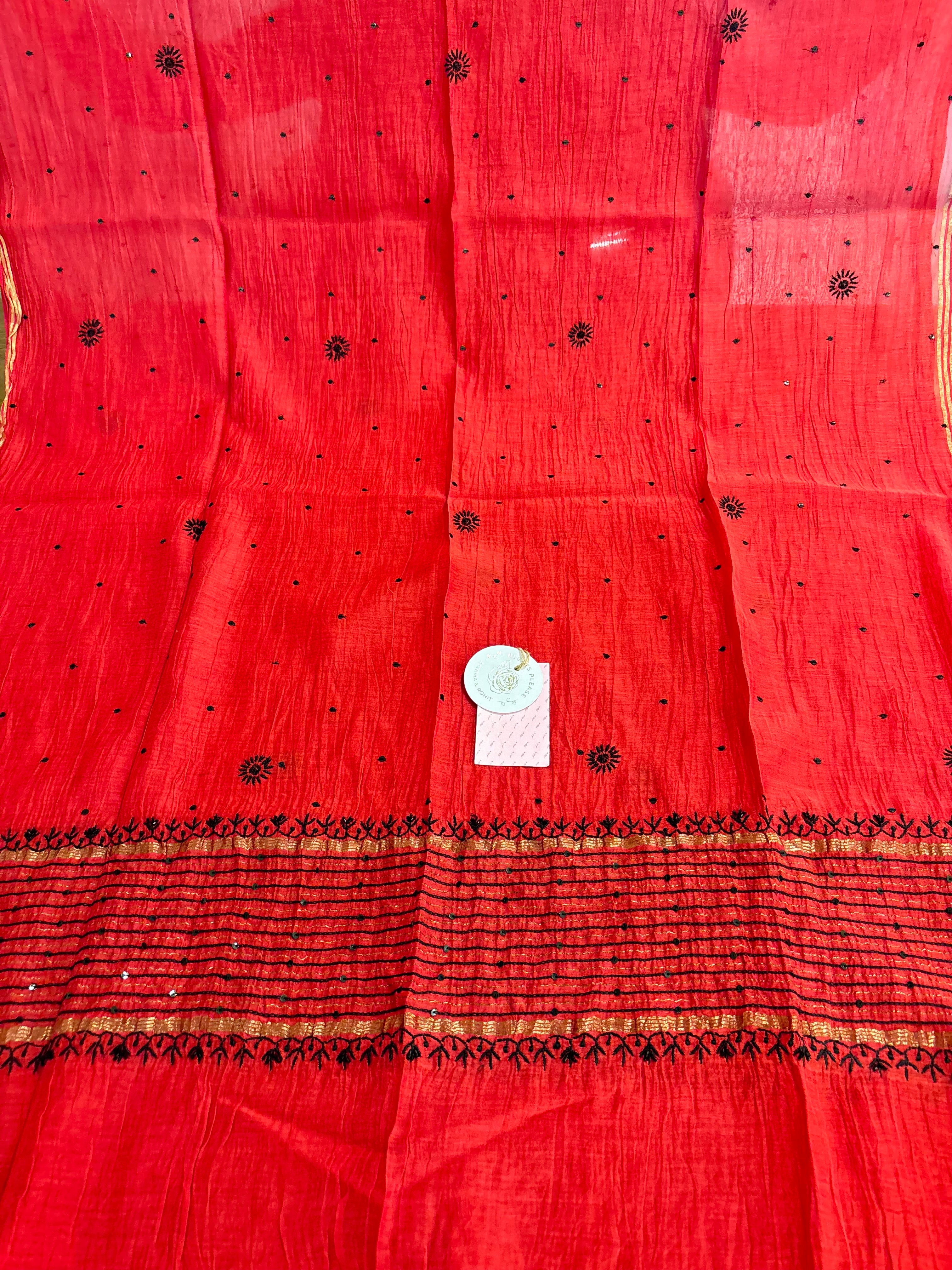 Red Chanderi Chikankari Kurta & Dupatta