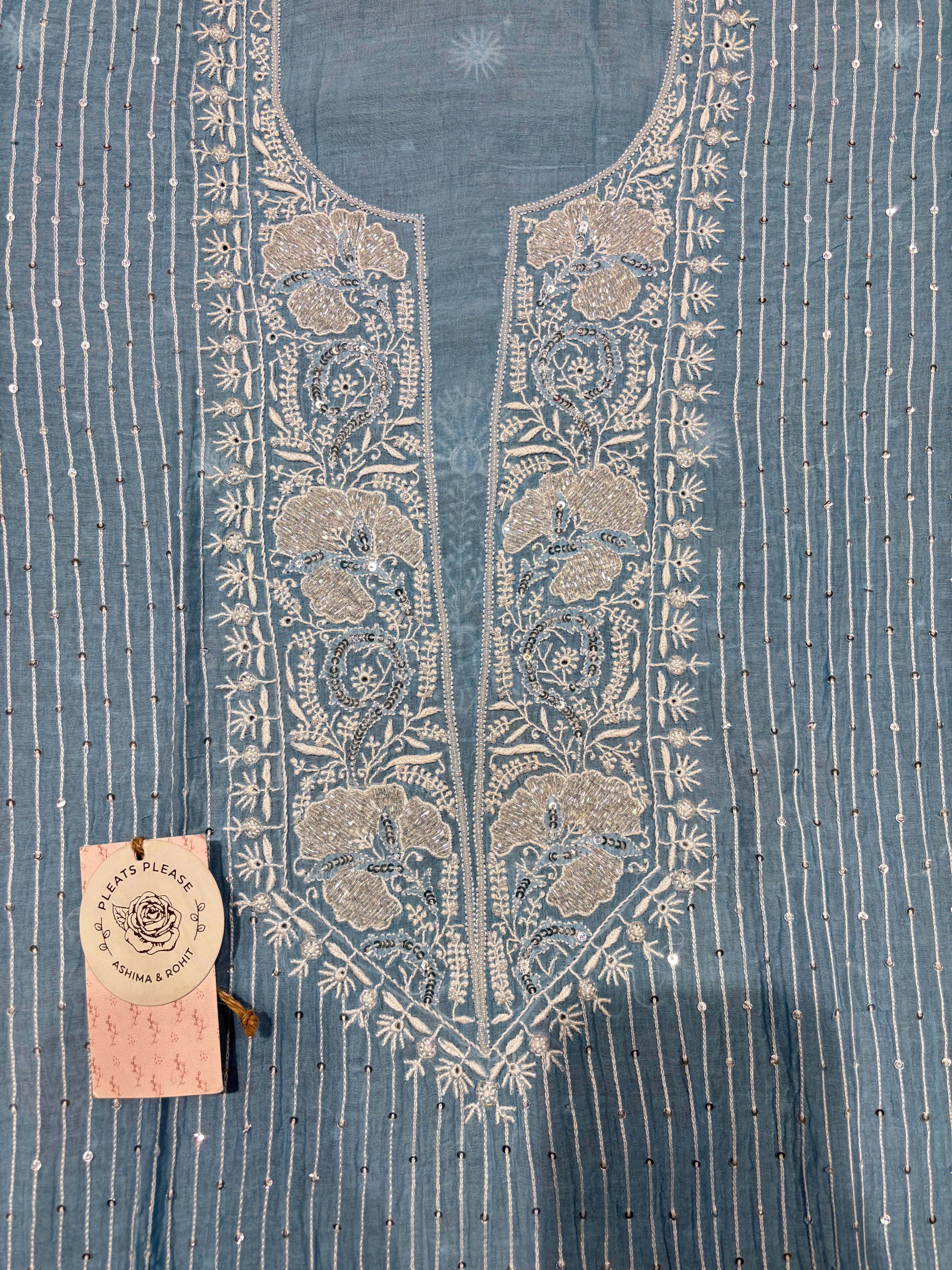 Powder Blue chanderi Mul Chikankari Kurta and Dupatta Set