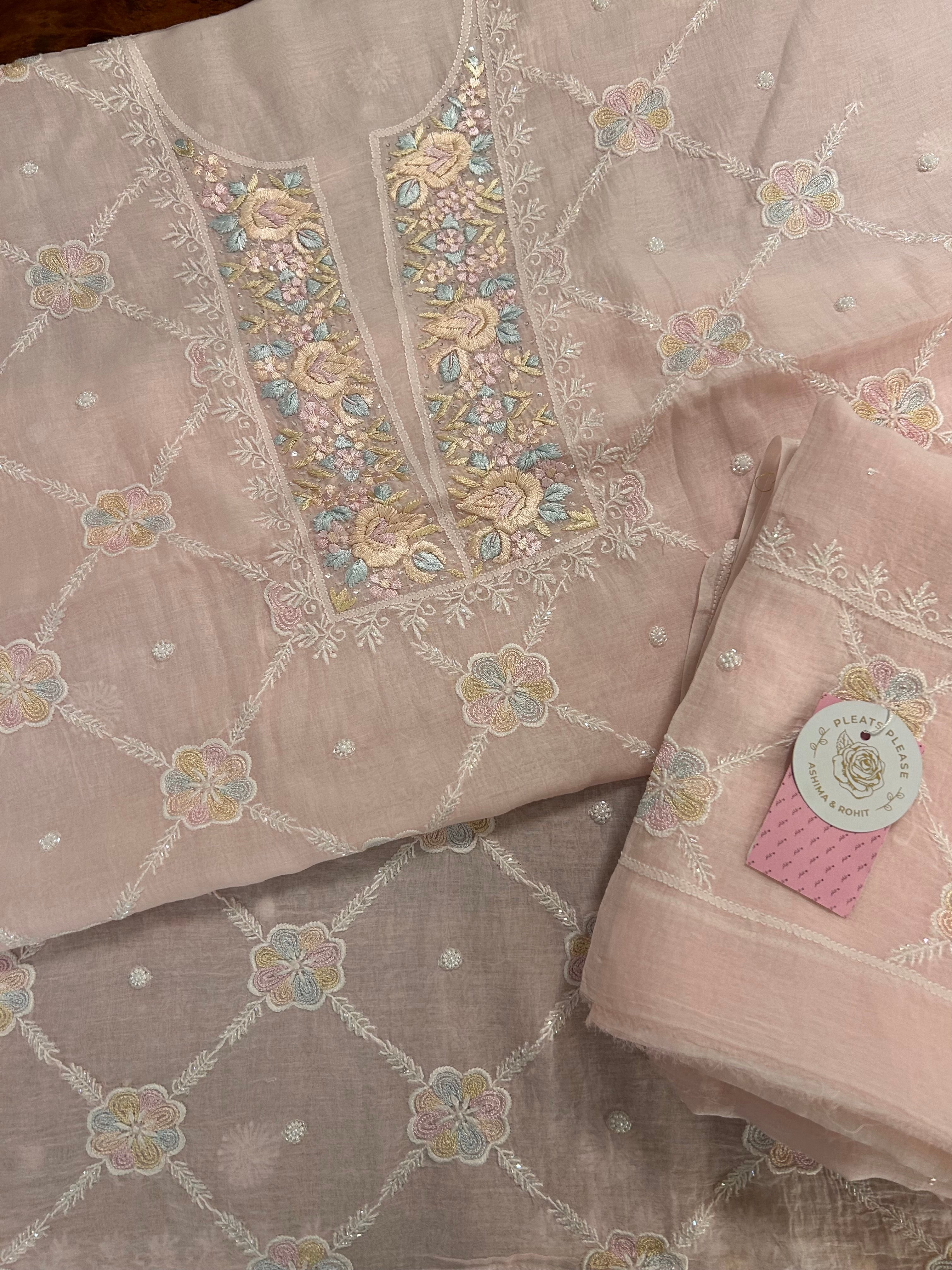 Baby Pink Chanderi Mul Parsi Gara Chikankari Kurta & Dupatta