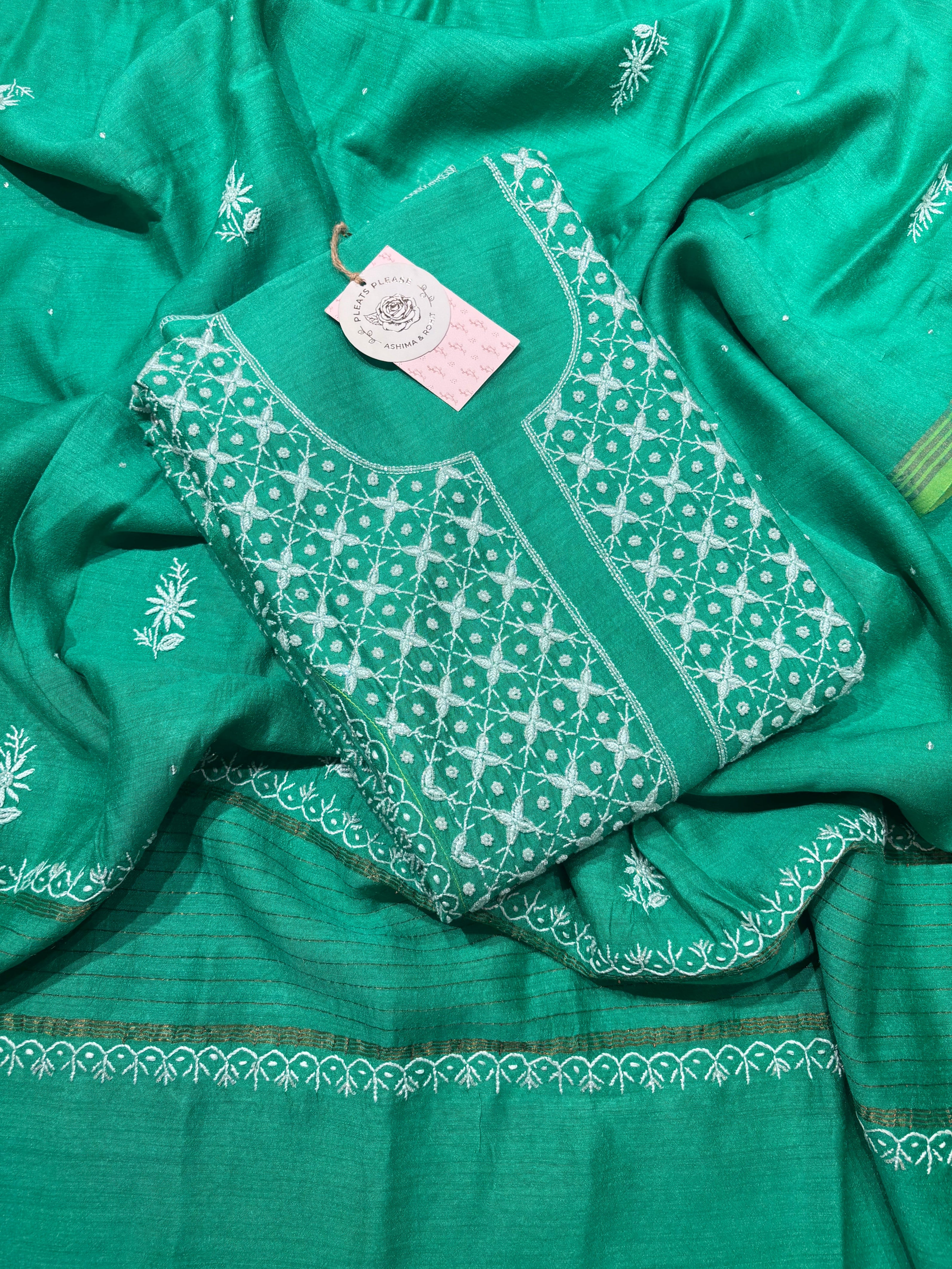Green Monga silk Chikankari Kurta and Dupatta set