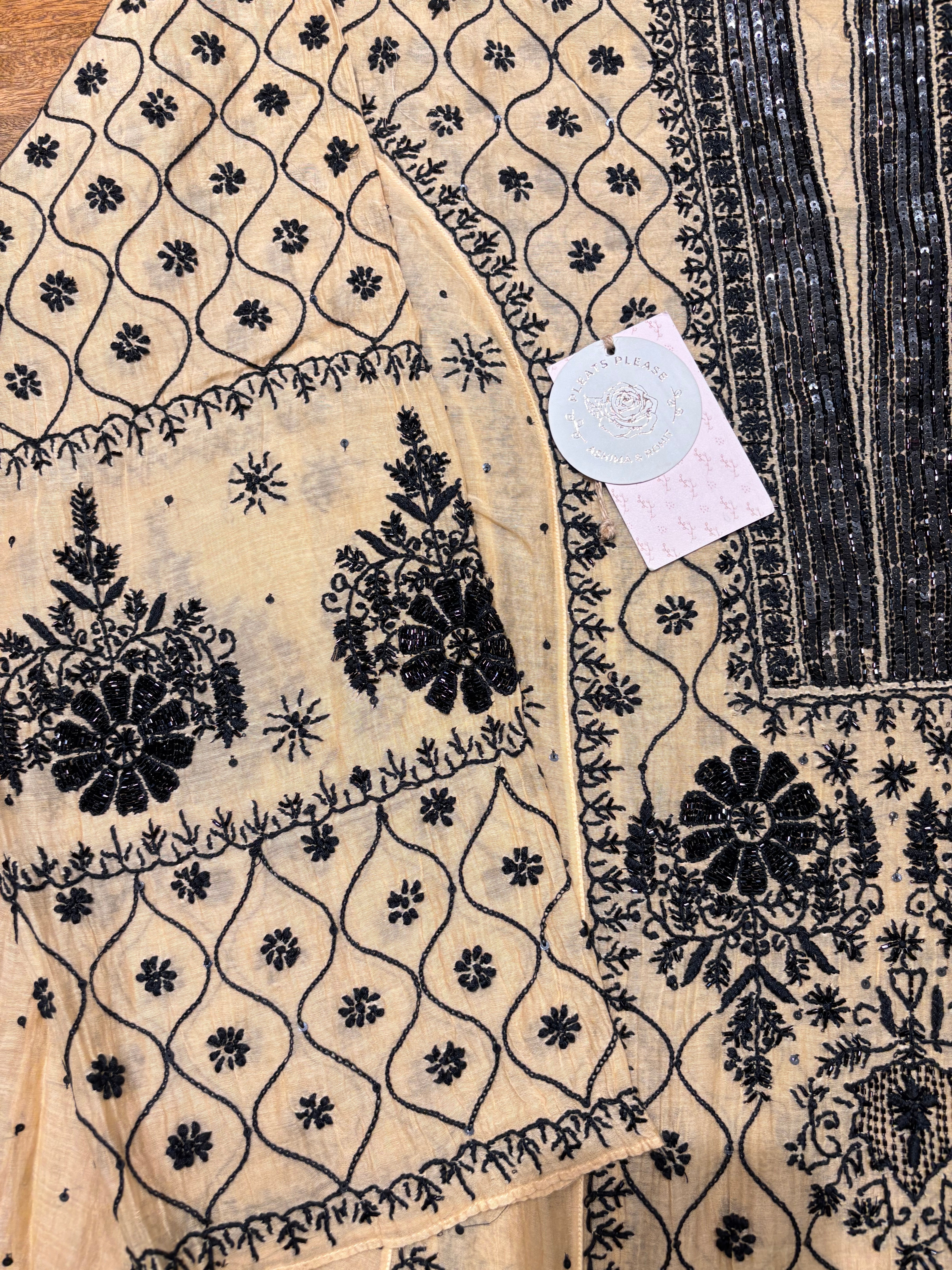 Golden Chanderi Mul Chikankari Anarkali and Dupatta Set