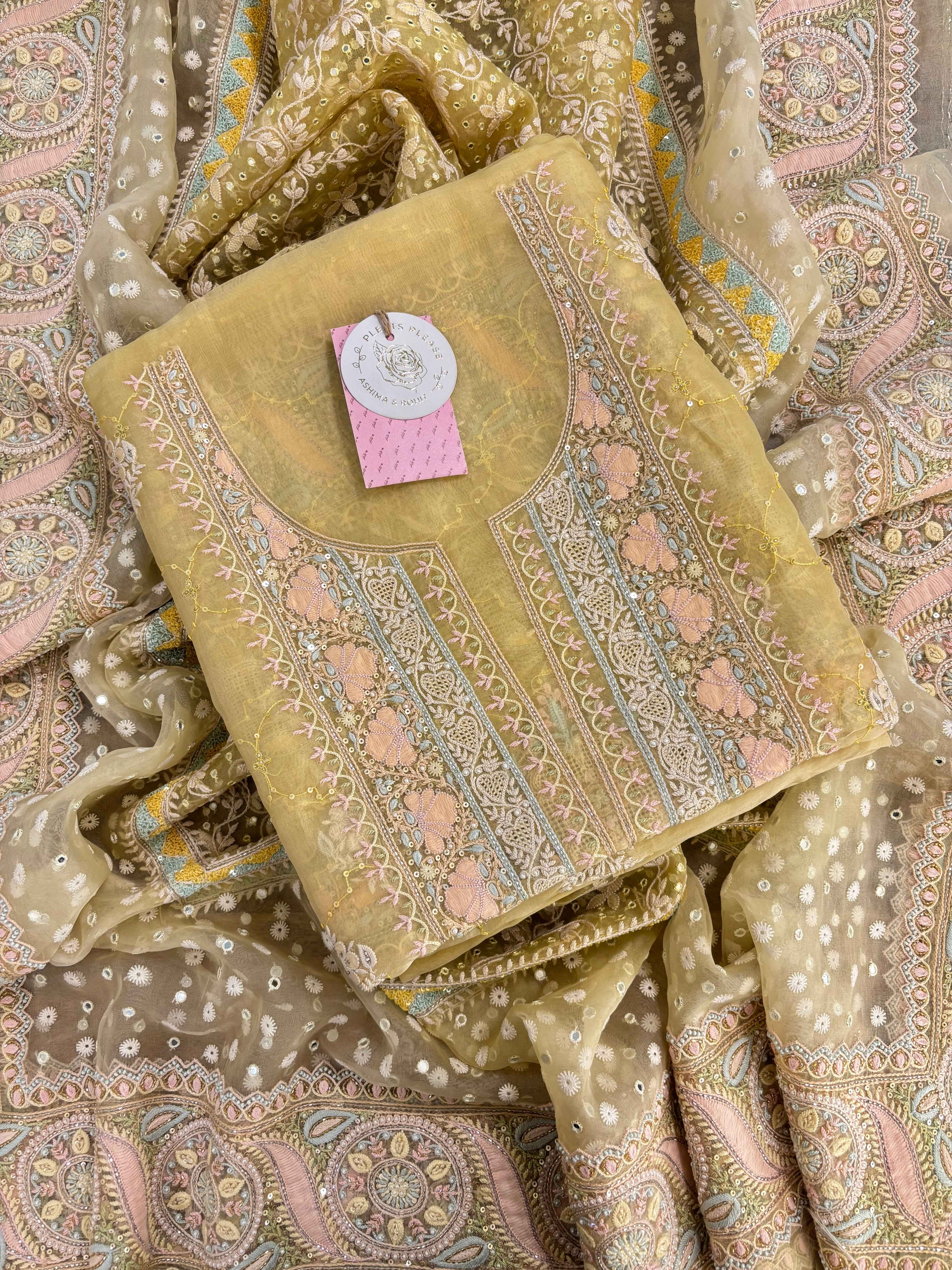 butter Yellow Pure & Premium Organza Chikankari Kurta & Dupatta