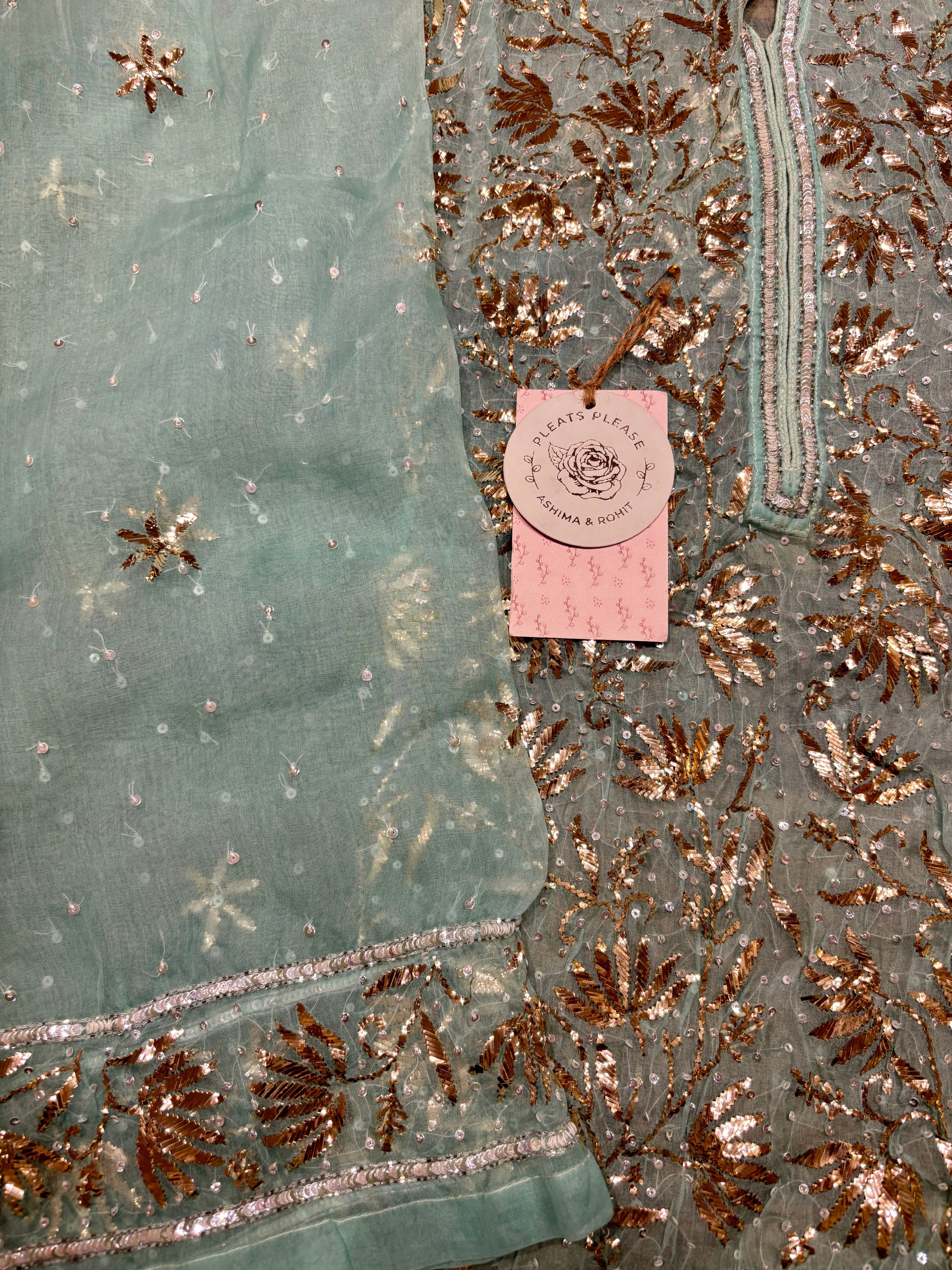 Sea Foam Organza Mukaish Kurta and Dupatta set