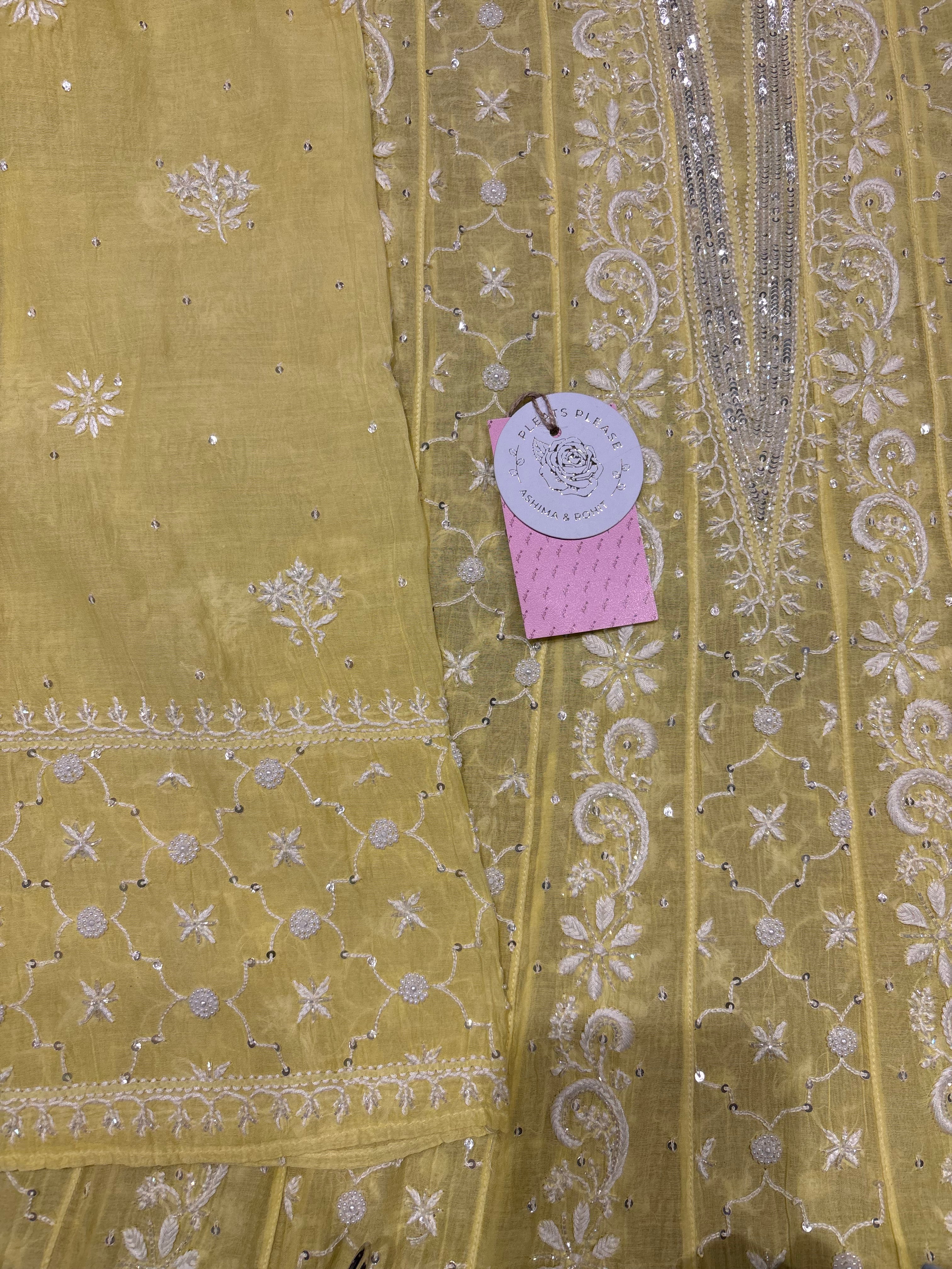 Yellow Chanderi Mul Chikankari Anarkali and Dupatta Set