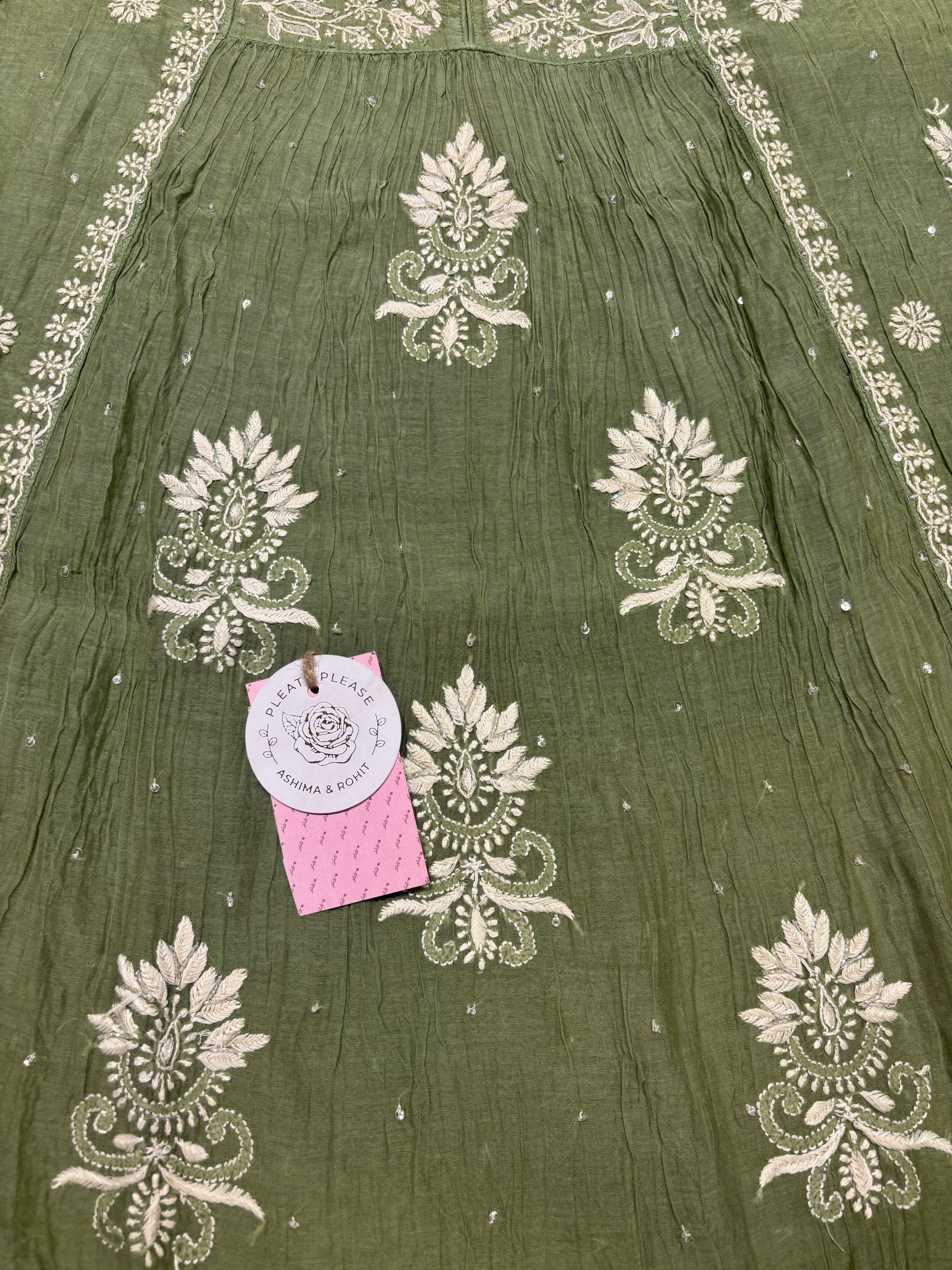 Sage Green Chanderi Mul Chikankari Kurta, Sharara & Dupatta Set