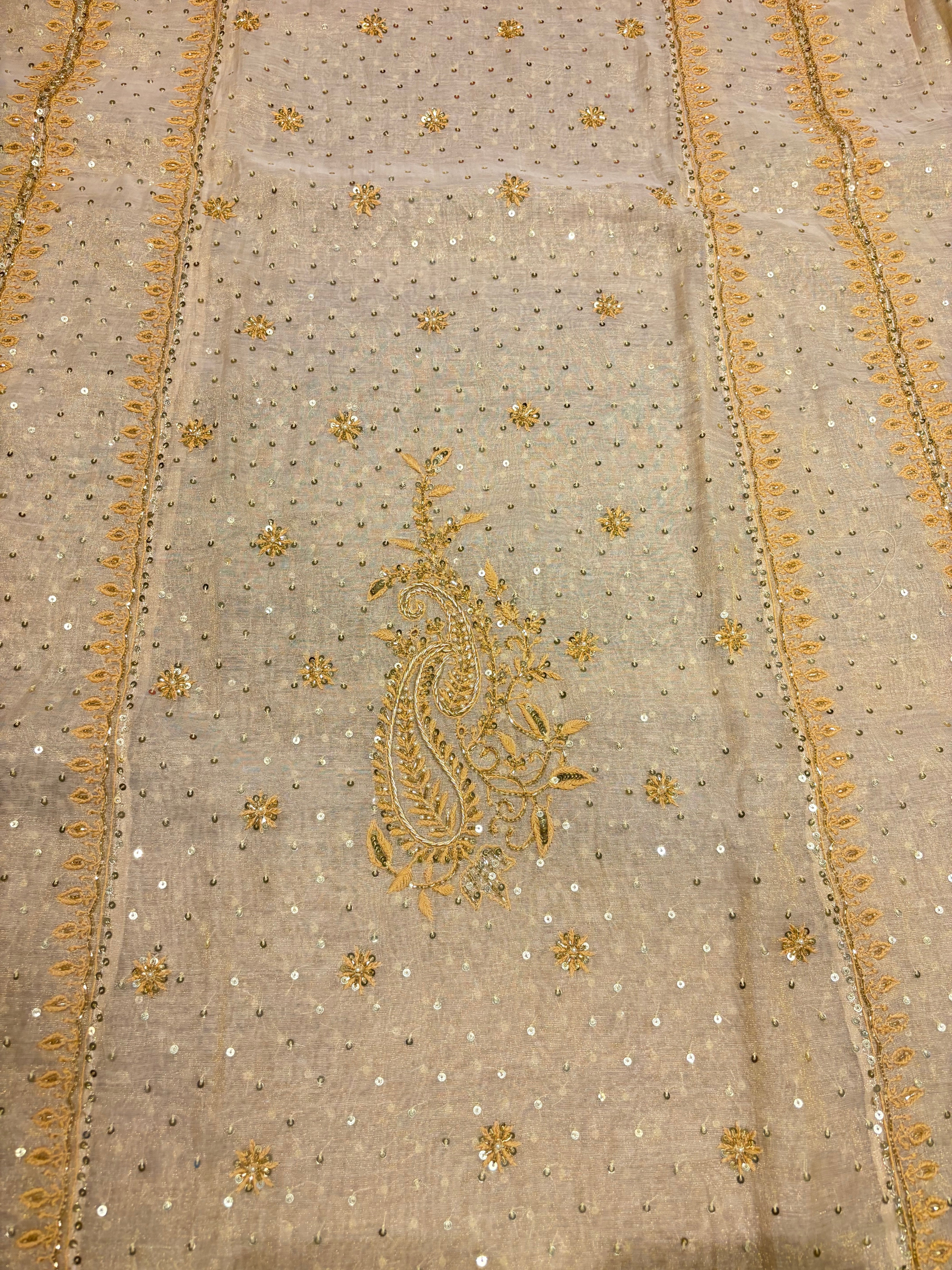 Dyeable Pure Gold Tissue Chikankari A-line Anarkali and Dupatta