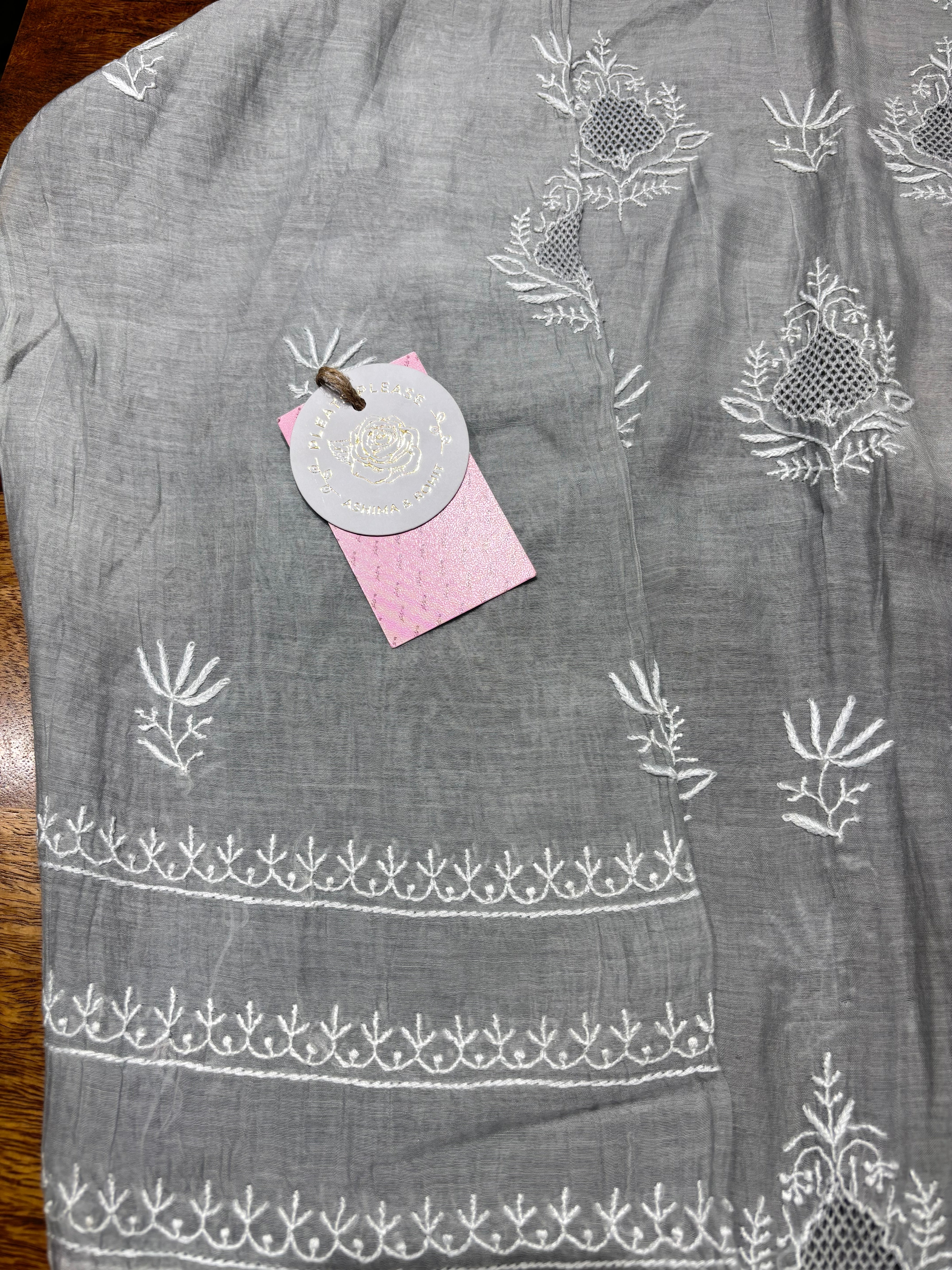 Gray Chanderi Mul Chikankari Kurta & Dupatta Set