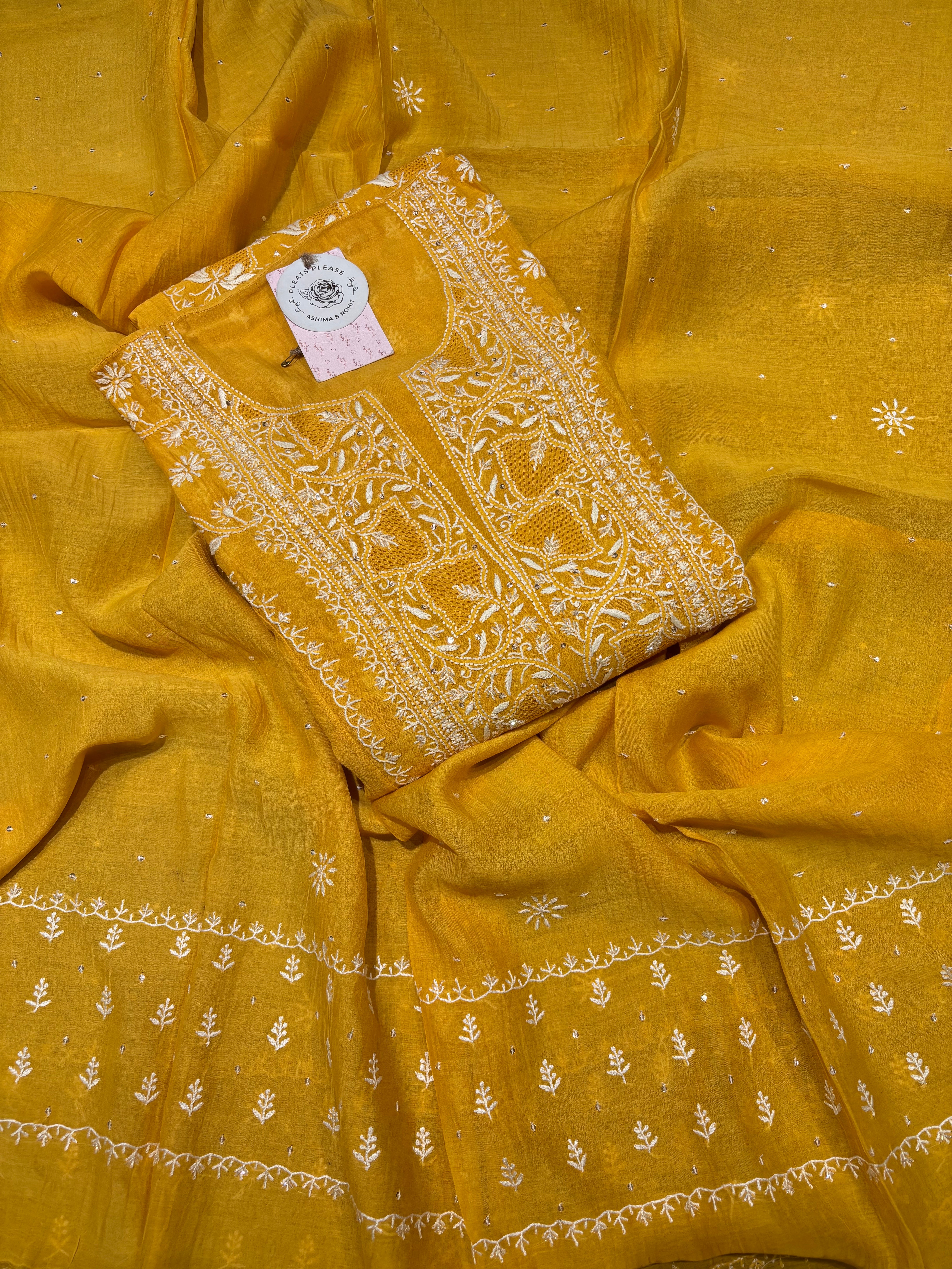 Yellow Chanderi Mul Chikankari Anarkali & Dupatta Set
