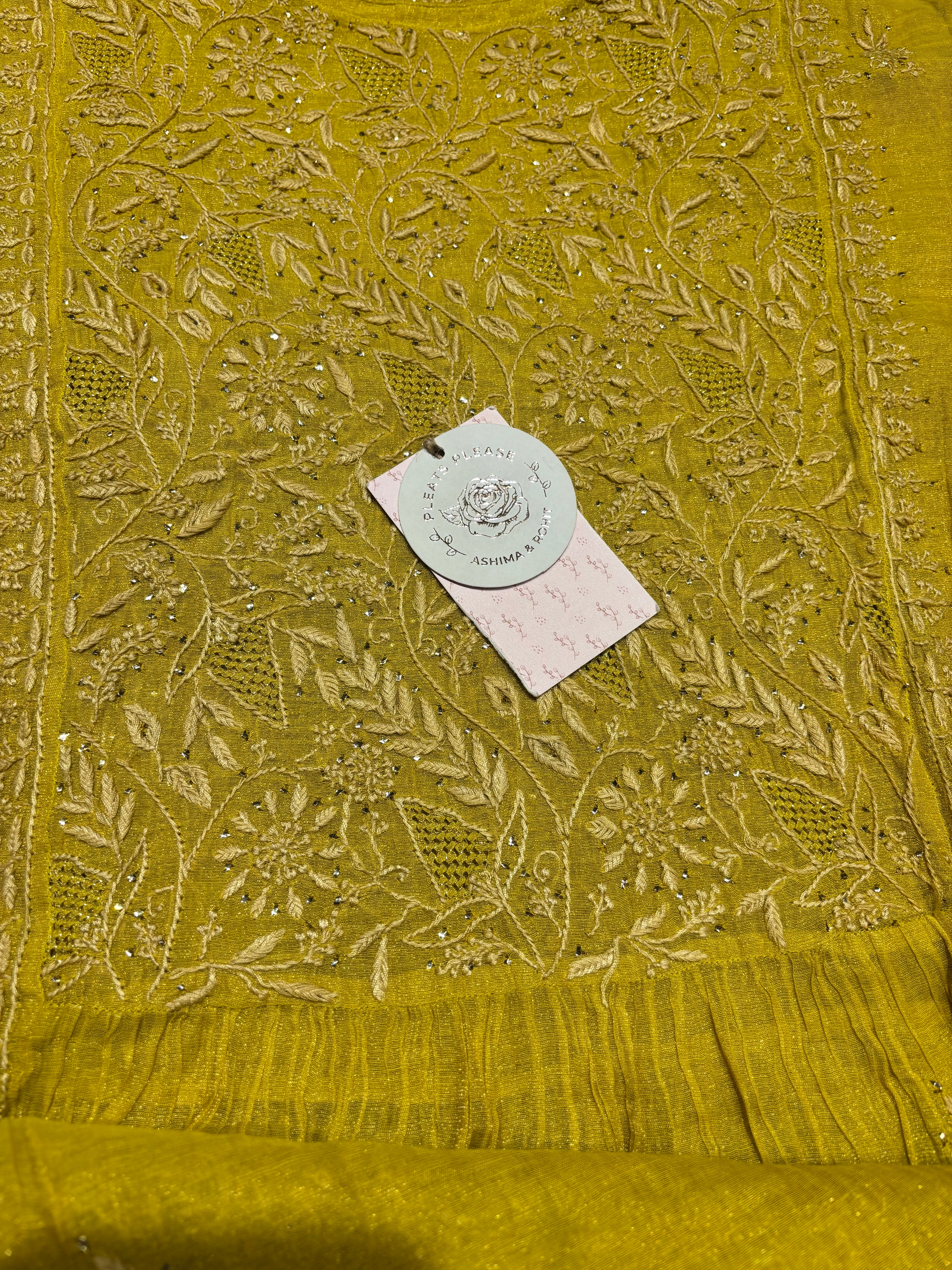 Yellow Pure and Premium Tissue Chikankari & Mukaish Angrakha and Dupatta Set
