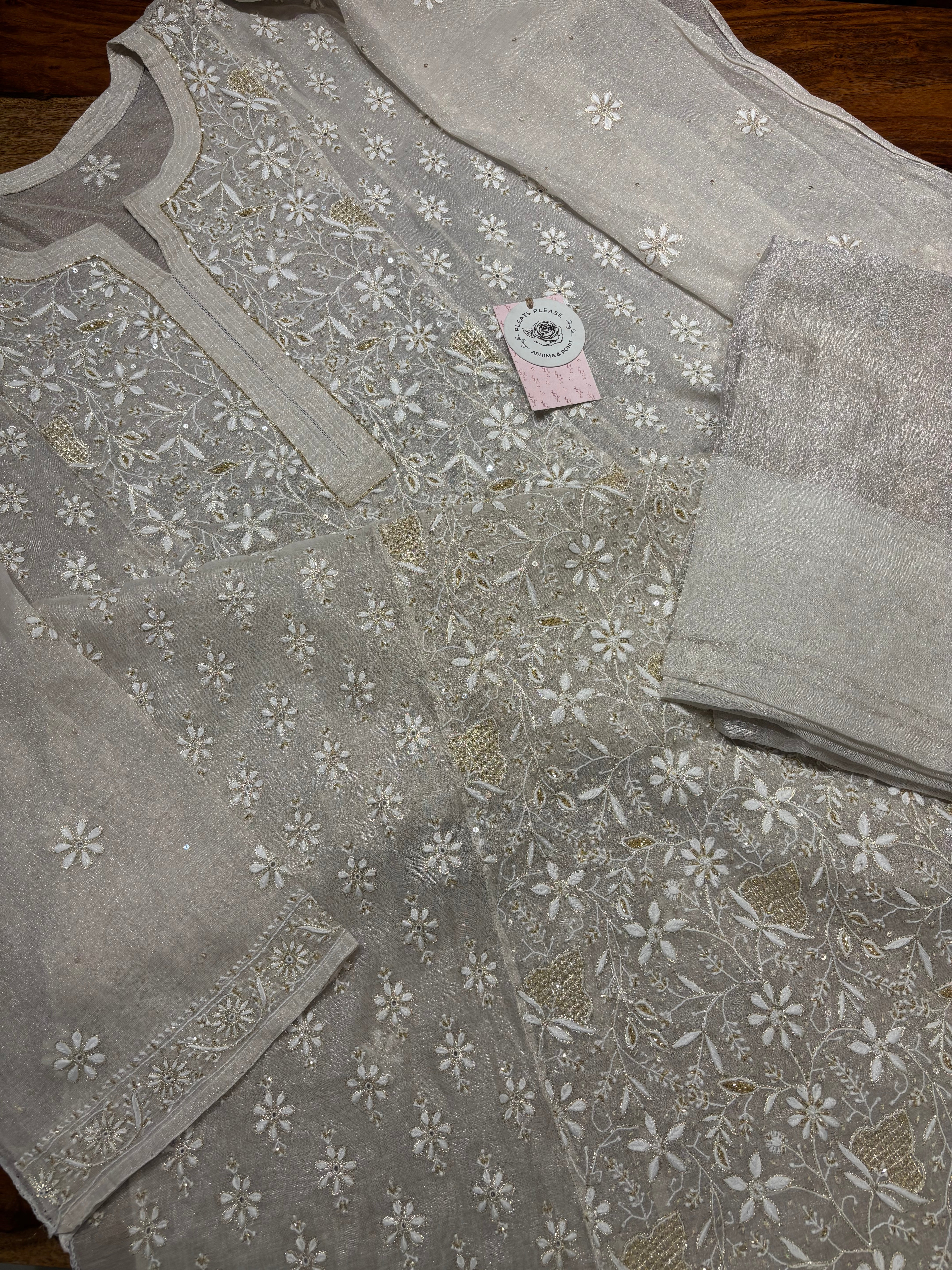 Dyeable Pure and Premium Silver Tissue Chikankari Kurta and Dupatta set