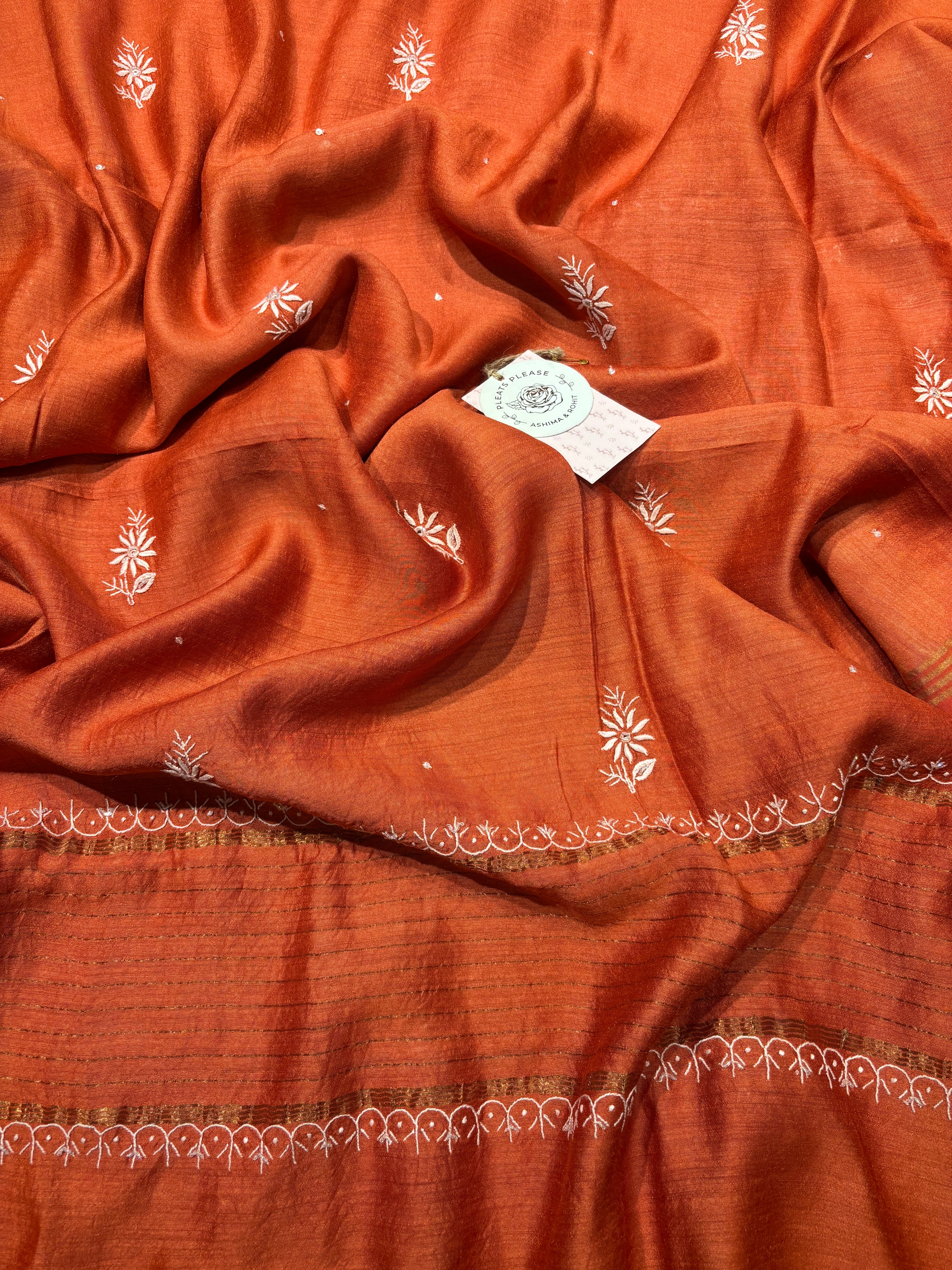 Outrageous Orange  Monga silk Chikankari Kurta and Dupatta set