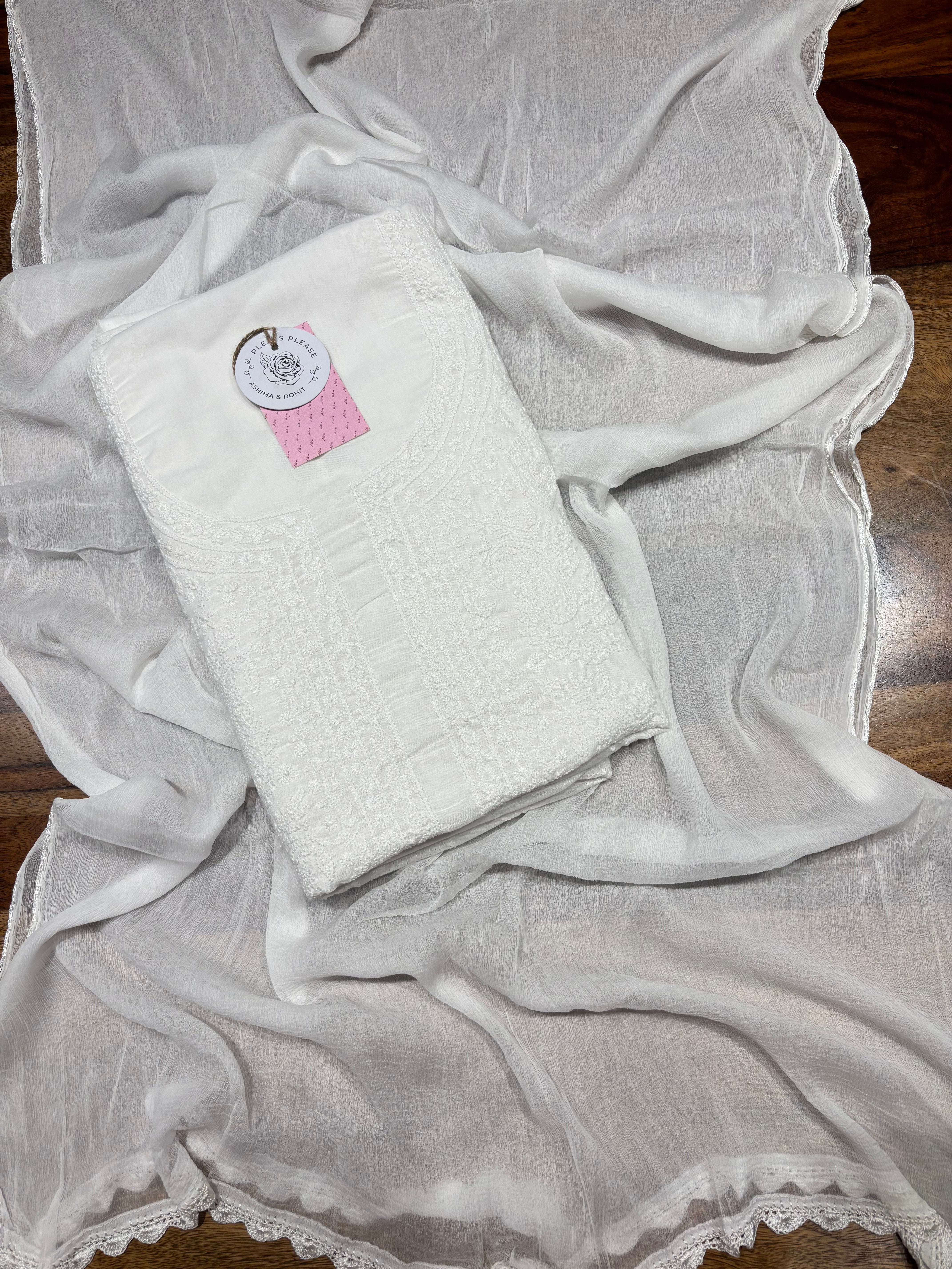 Dyeable Mulmul Chikankari Kurta, Dupatta & Bottom Fabric