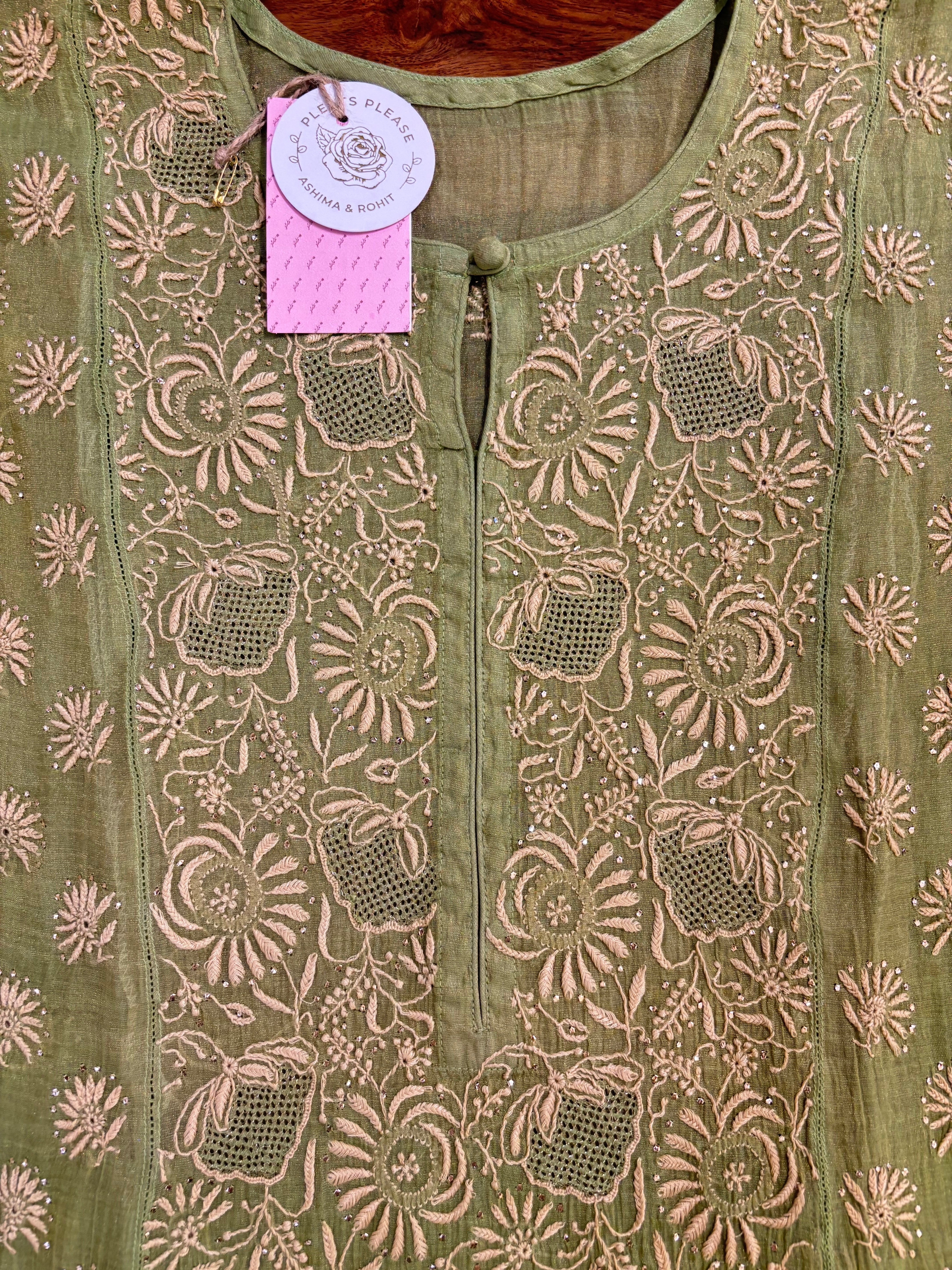 Warm Green Pure & Premium Tissue Chikankari Mukaish Kurta & Dupatta