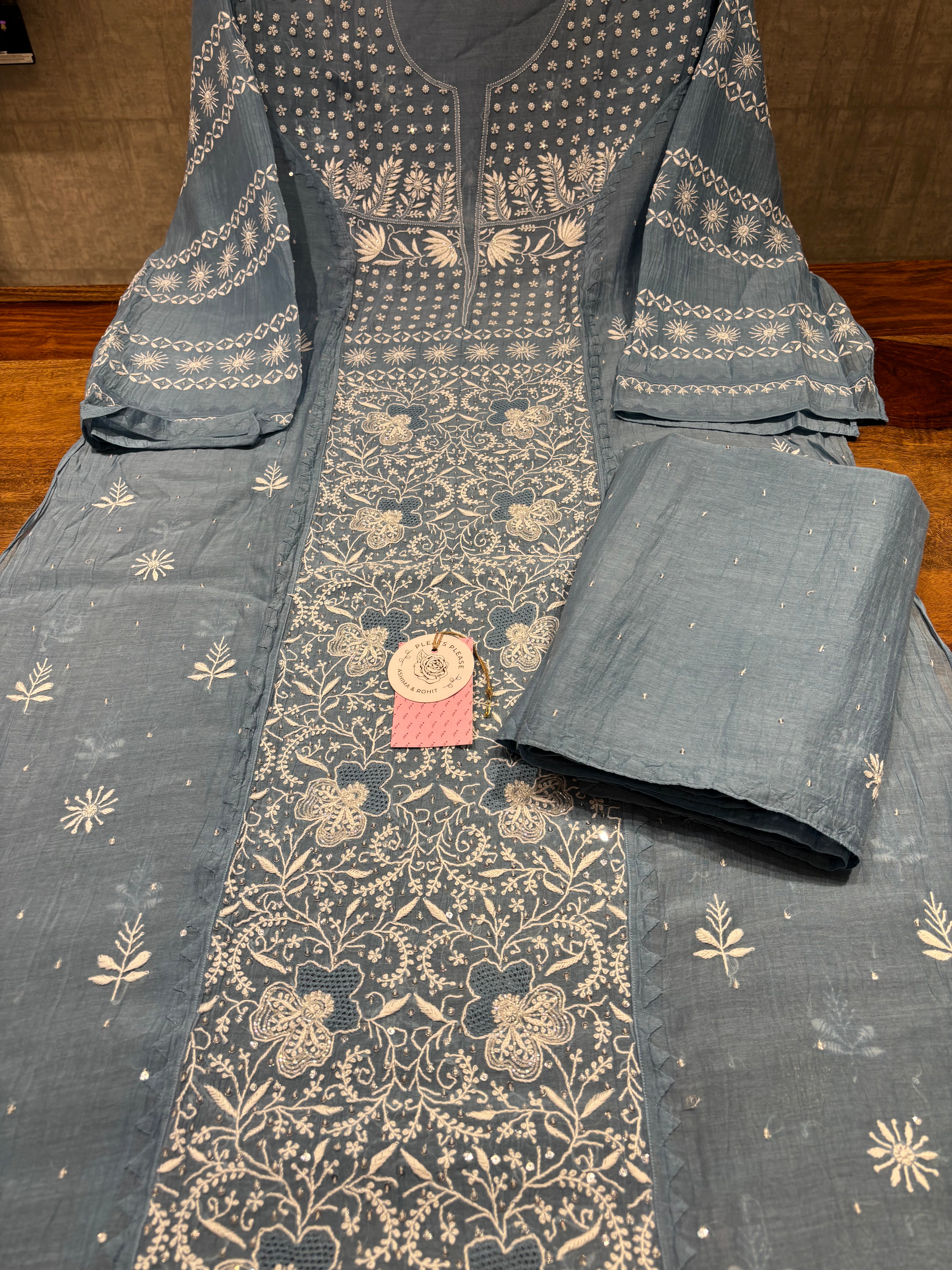 Teapot Blue Chanderi Mul Chikankari Kurta & Dupatta Set