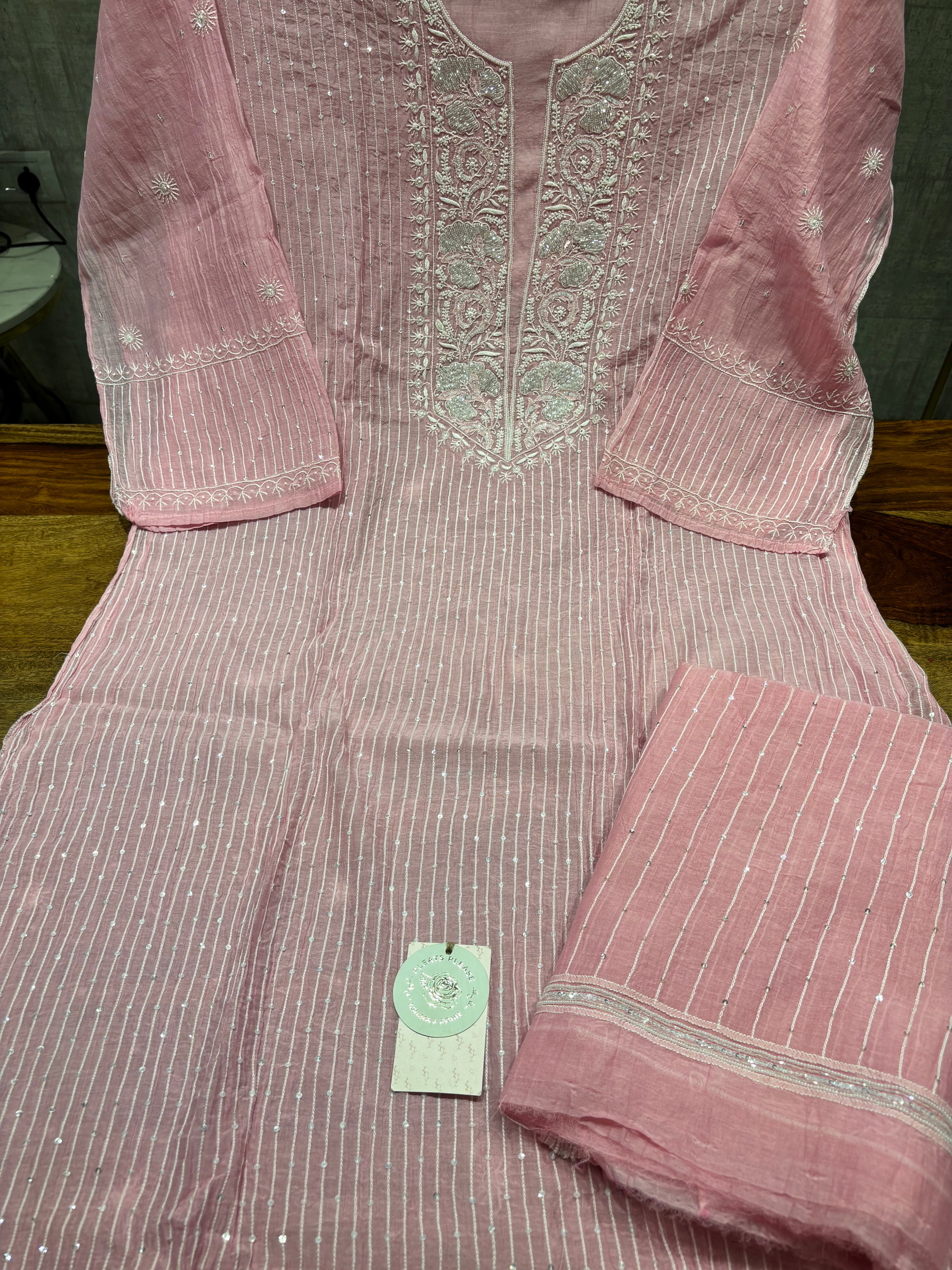 Pink Chanderi Mul Chikankari Kurta and Dupatta Set