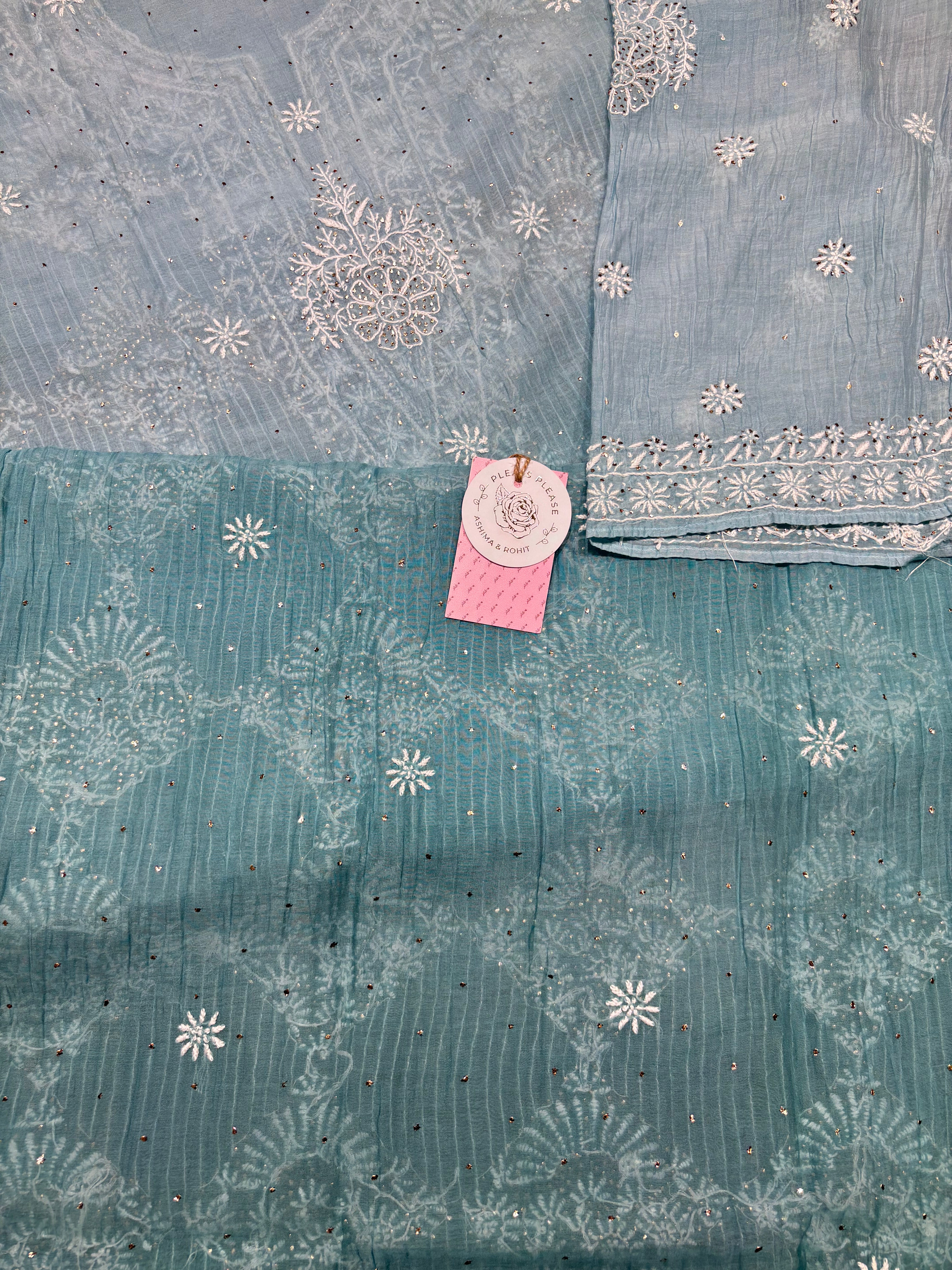 Sea foam Ombre Chanderi Mul Chikankari & Mukaish Kurta and Dupatta Set