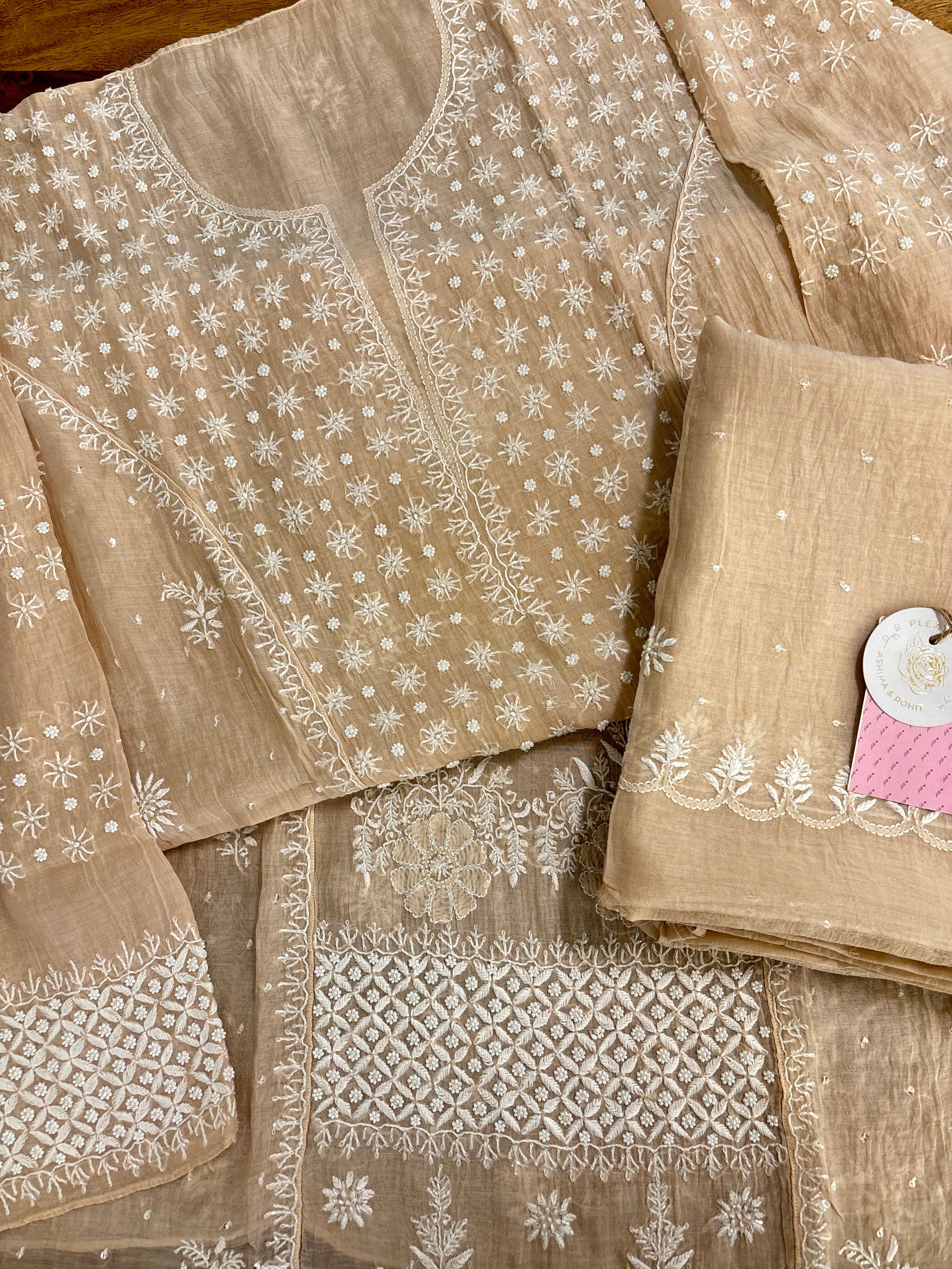Pastel Peach Chanderi Chikankari Kurta & Dupatta