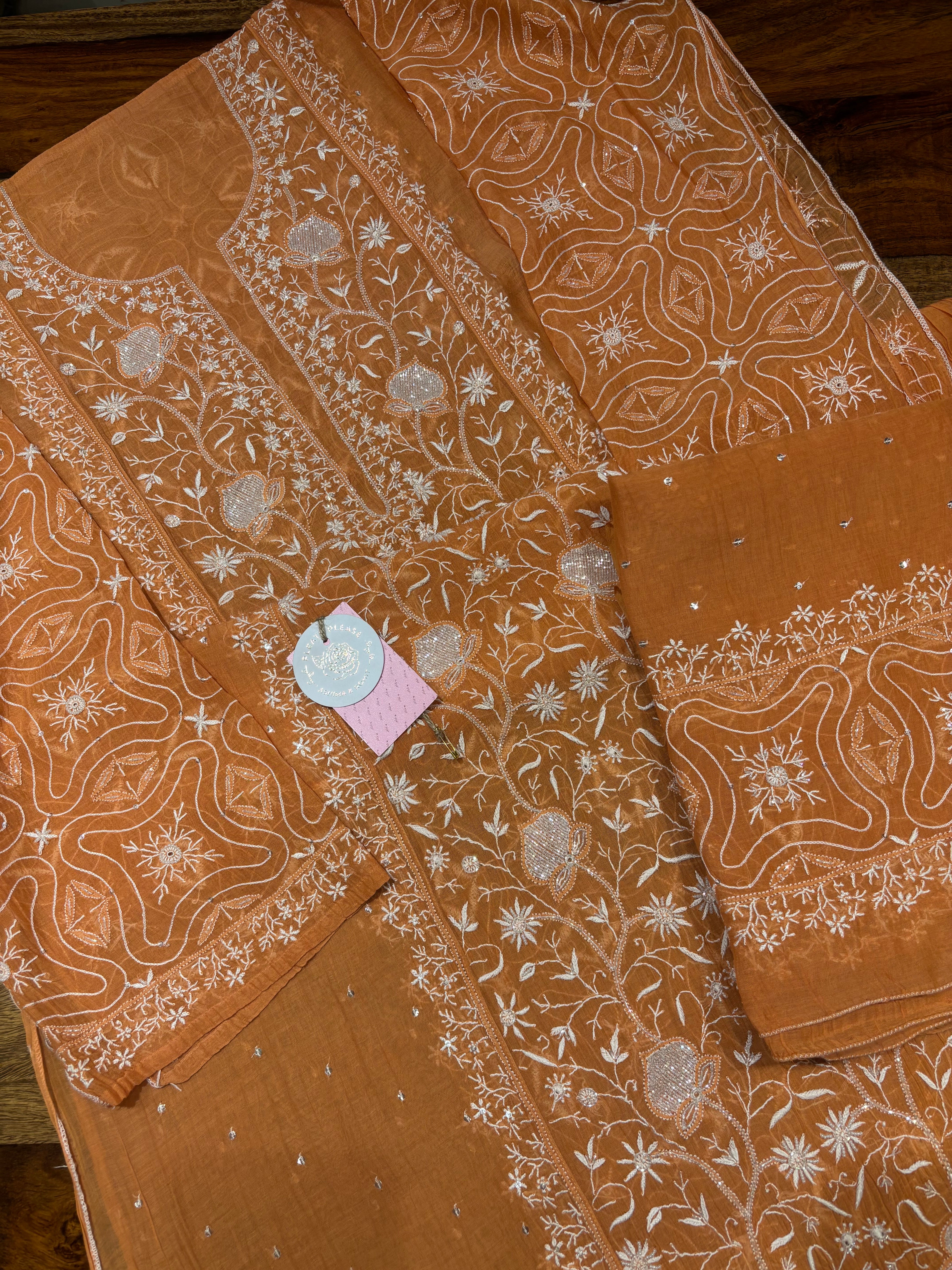 Orange Chanderi Mul Chikankari Kurta & Dupatta Set