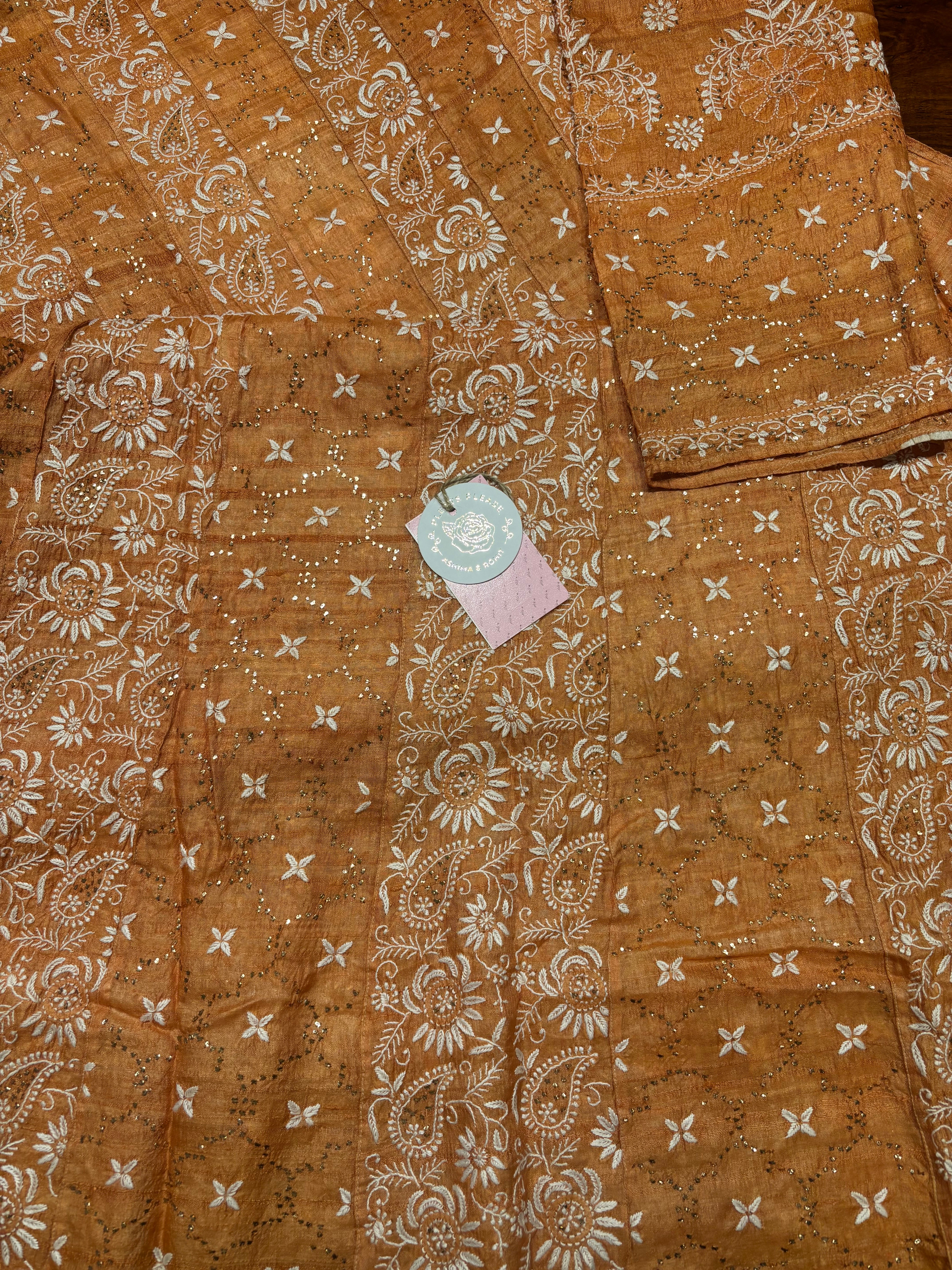 Orange Pure And Premium Tussar Silk Chikankari & Mukaish Anarkali and Dupatta Set